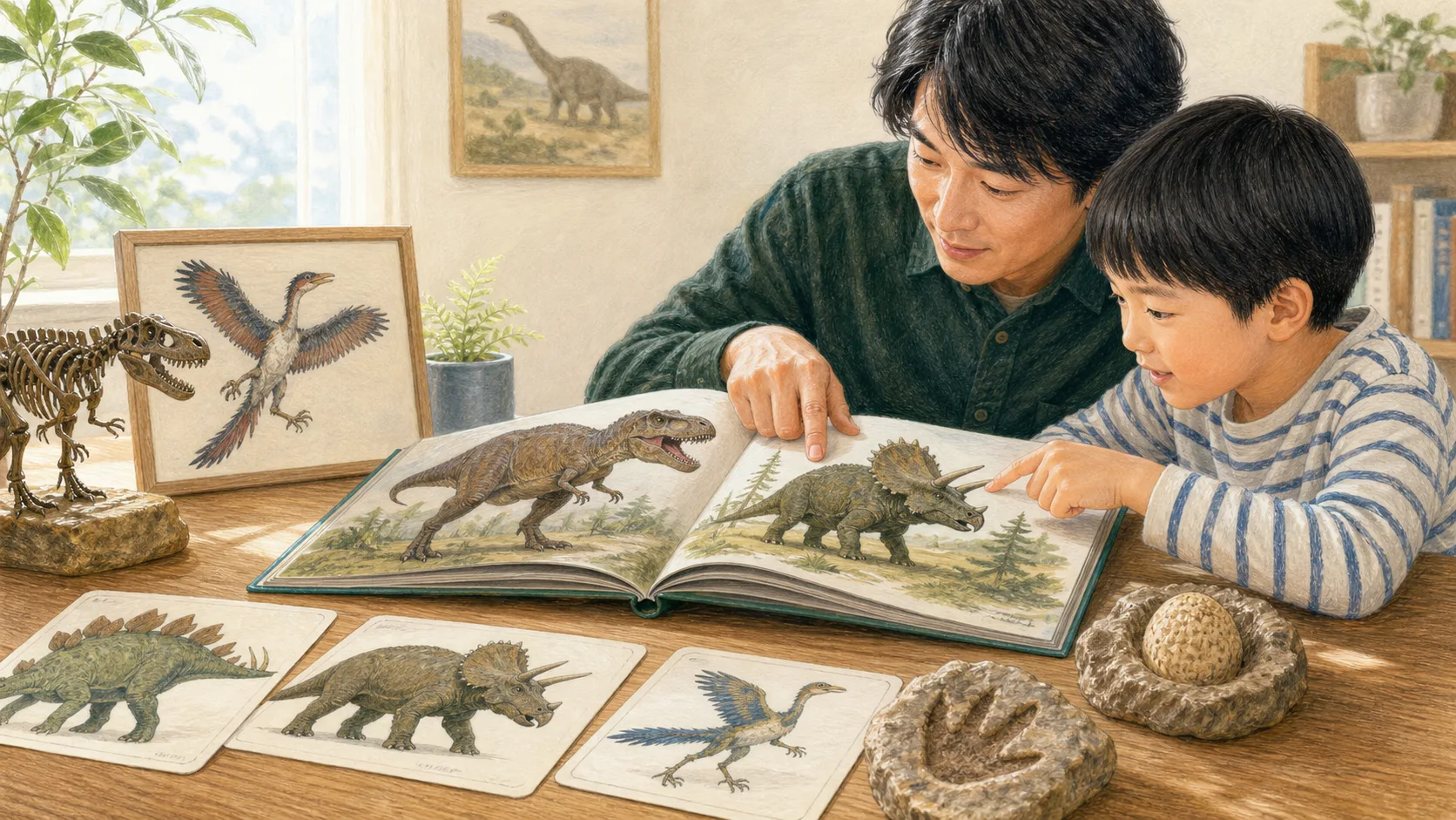 Editorial illustration of a parent and child comparing a dinosaur book, skeleton, footprint, and egg fossil at a table.