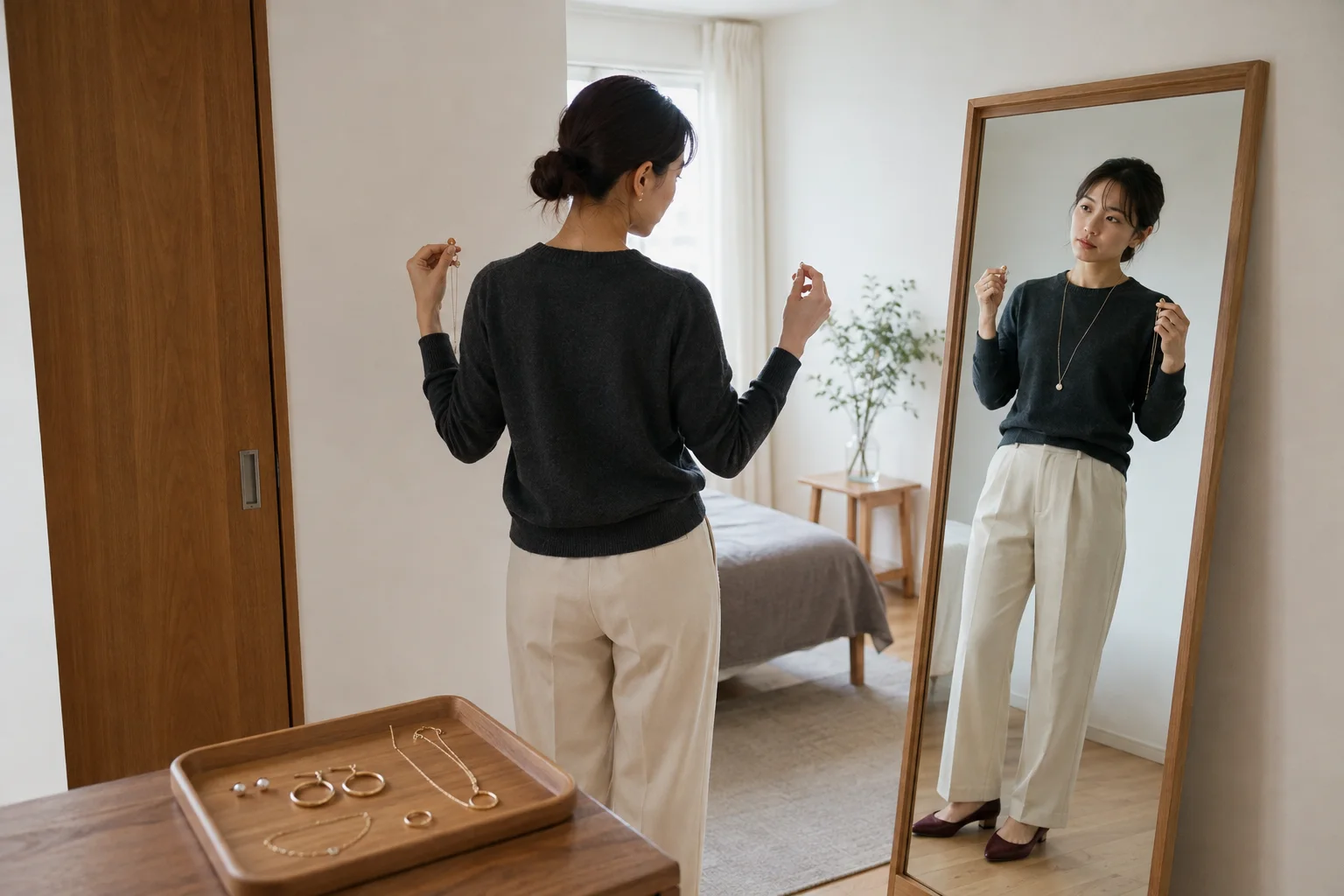 チャコールのニットと生成り色のパンツを着た成人女性が、鏡の前でピアスとネックレスの候補を比較している。