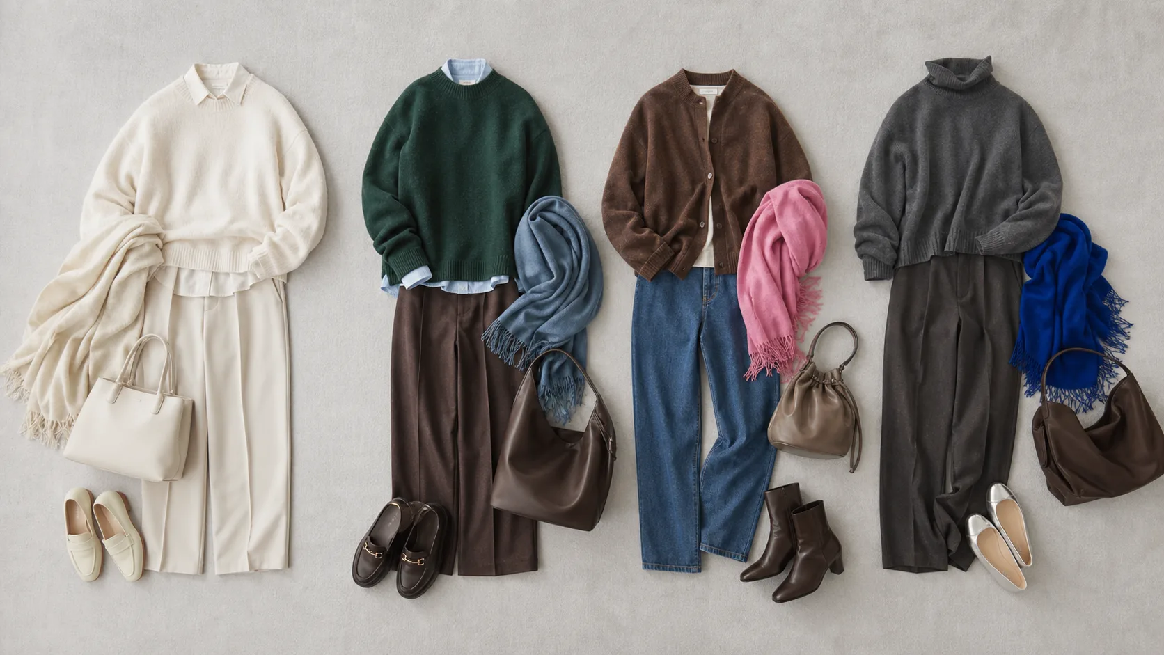 Four editorial fall-winter outfit groups using pale neutrals, forest tones, brown and pink, and gray with a blue accent.