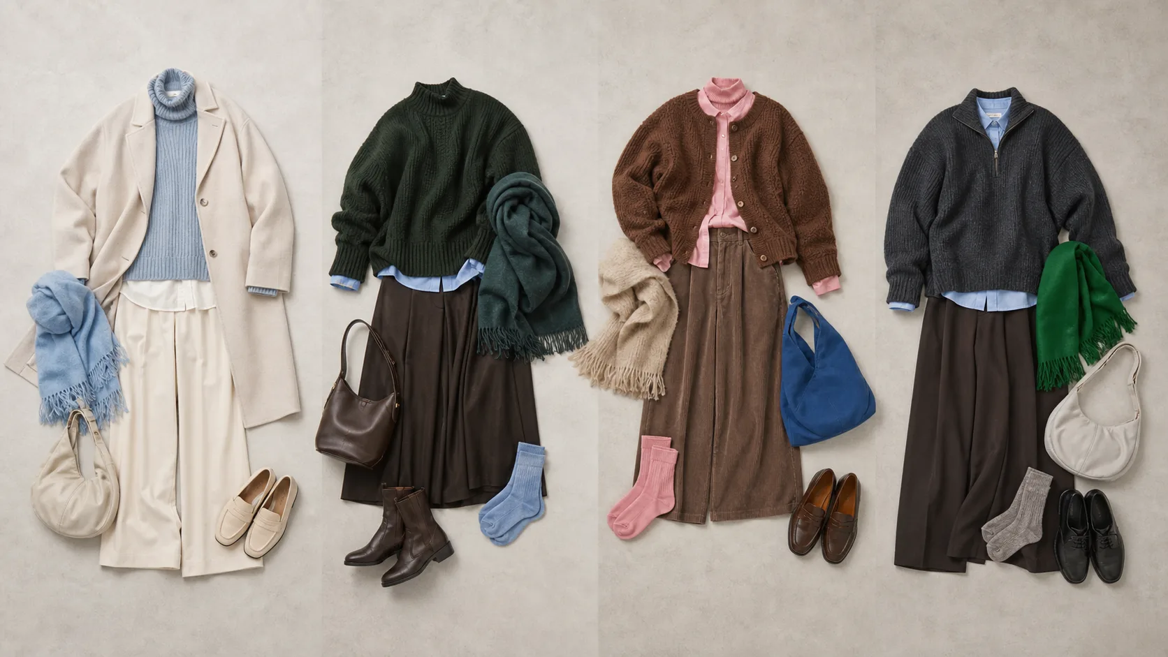 Four everyday wardrobe interpretations of the 2026/27 color directions: pale neutrals, forest tones, brown with lively color, and basics with a playful accent.