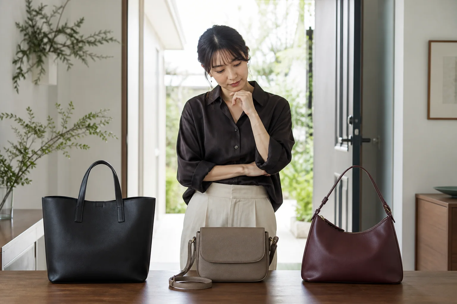 自宅の玄関で、黒いトート、グレージュの斜め掛けバッグ、ボルドーのショルダーバッグを見比べる成人女性のAI生成画像。