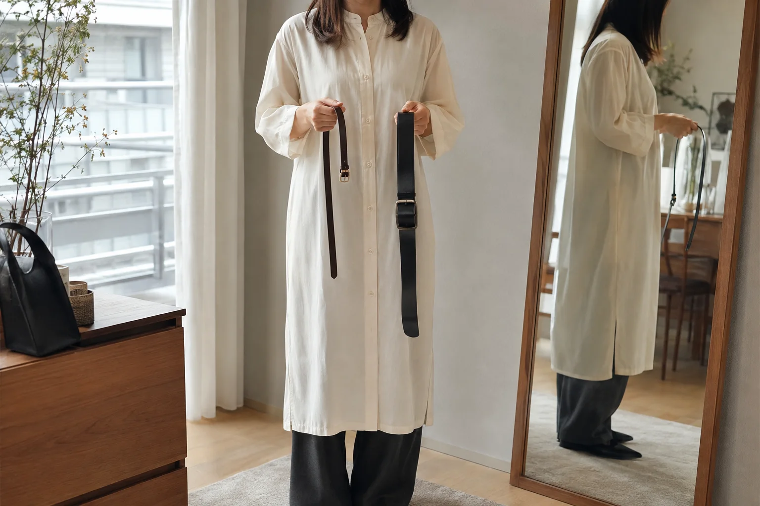 白いシャツワンピースに合わせる細い茶色のベルトと太い黒のベルトを見比べる成人女性のAI生成画像。