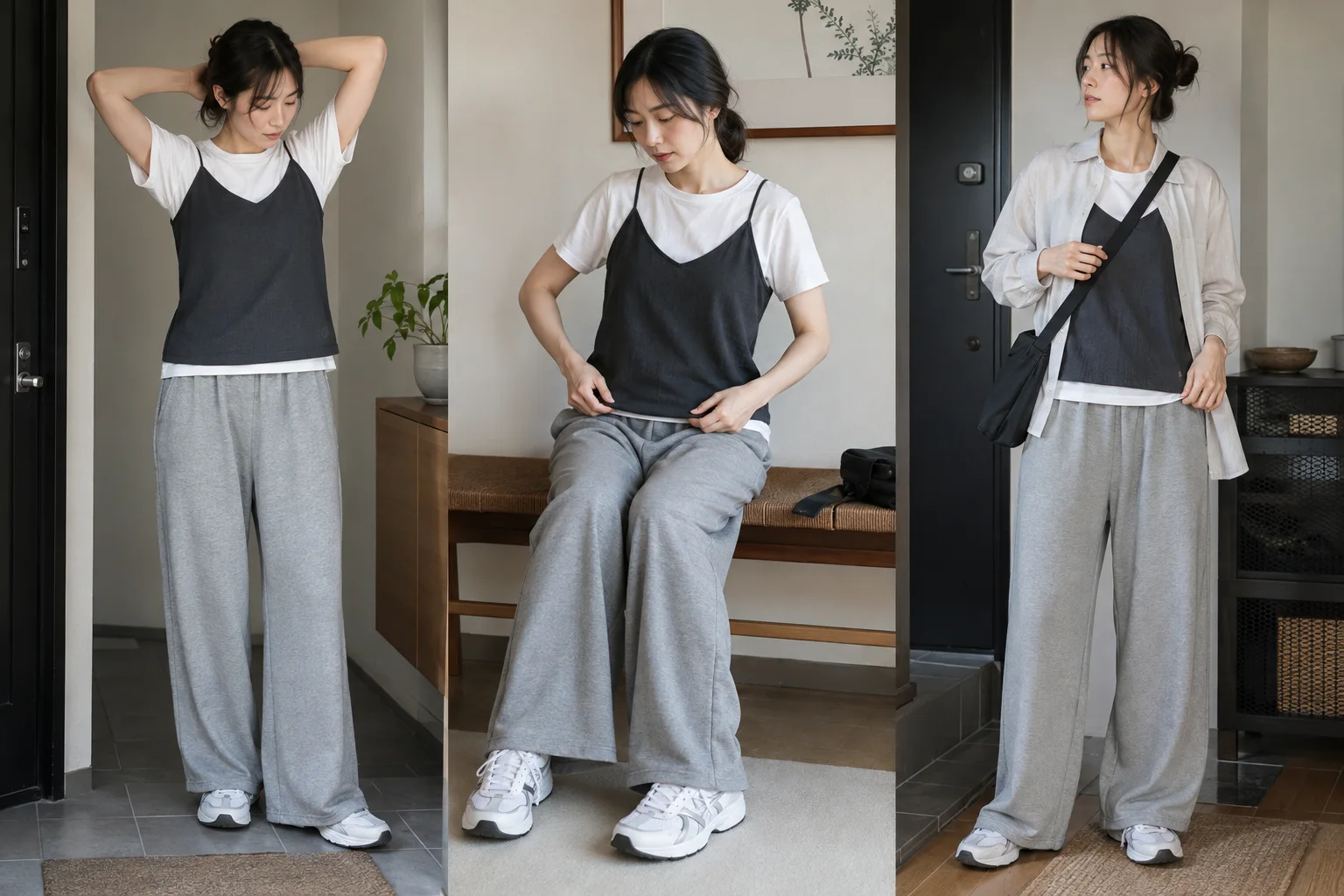 白Tの上にチャコールのキャミソール、グレーのワイドパンツを着た同じ女性が、腕を上げる、座る、シャツと斜め掛けバッグを使う動作をする3場面。