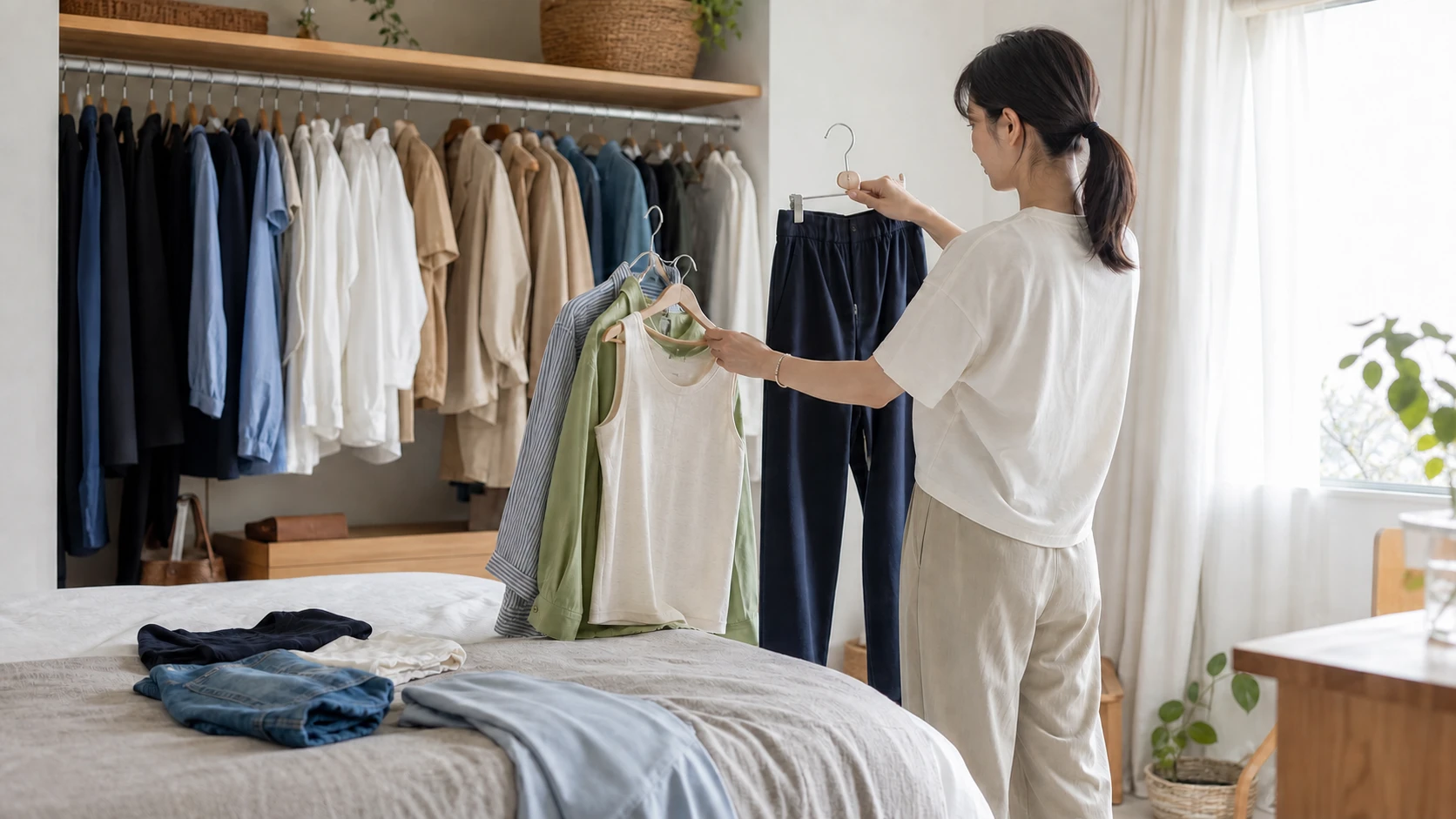 手持ち服は多いのに今日着る組み合わせが決まらず、成人女性がクローゼットの前でネイビーのパンツと三枚のトップスを比較している。