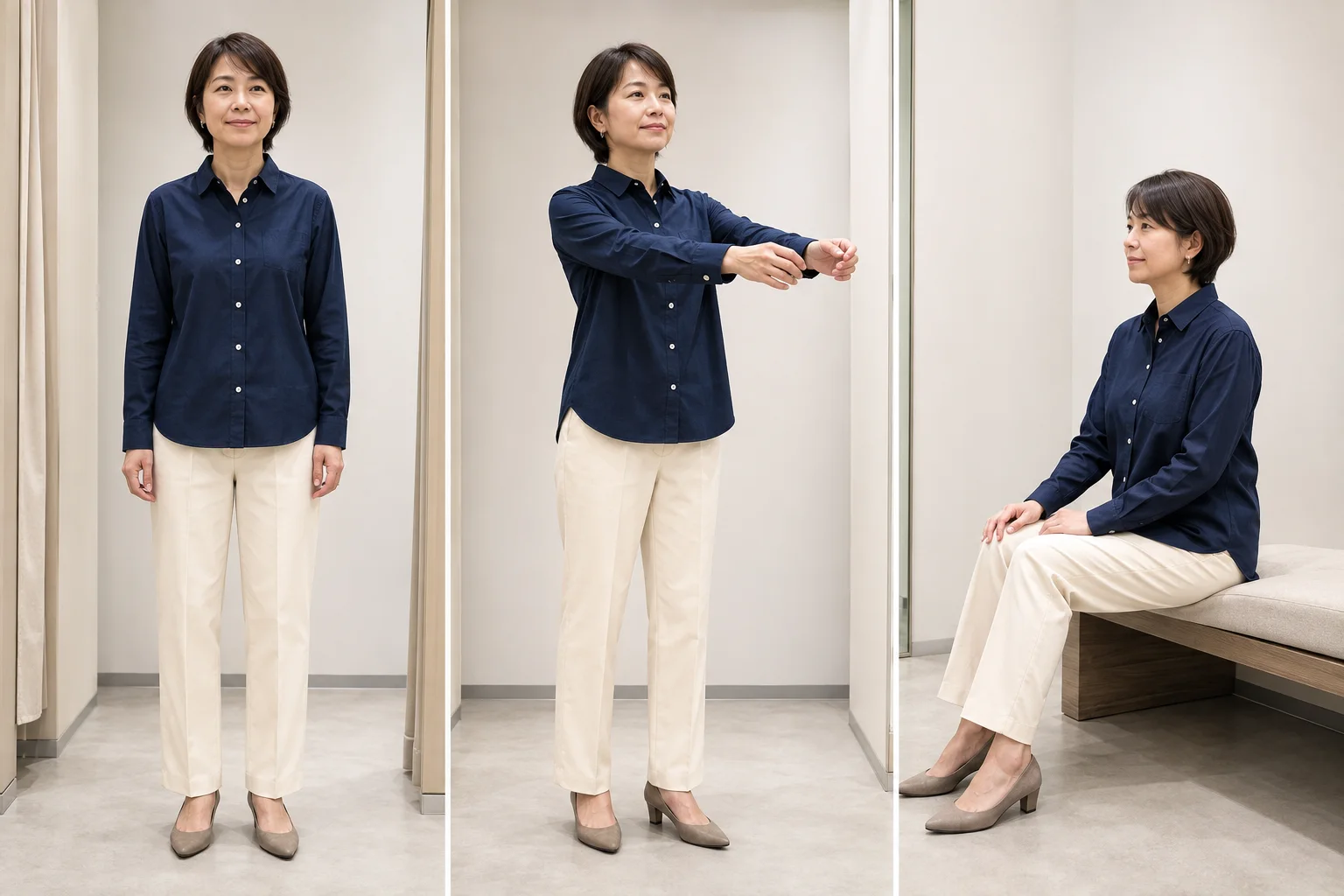 紺シャツと白いパンツの女性が、立つ、腕を前へ伸ばす、座る動作を示した3場面。