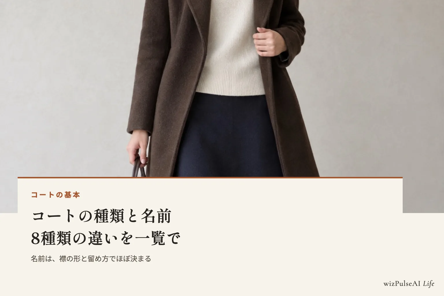 濃いブラウンのウールコートの襟と前身頃を近くで見た写真に、「コートの種類と名前」の見出しを重ねた図。