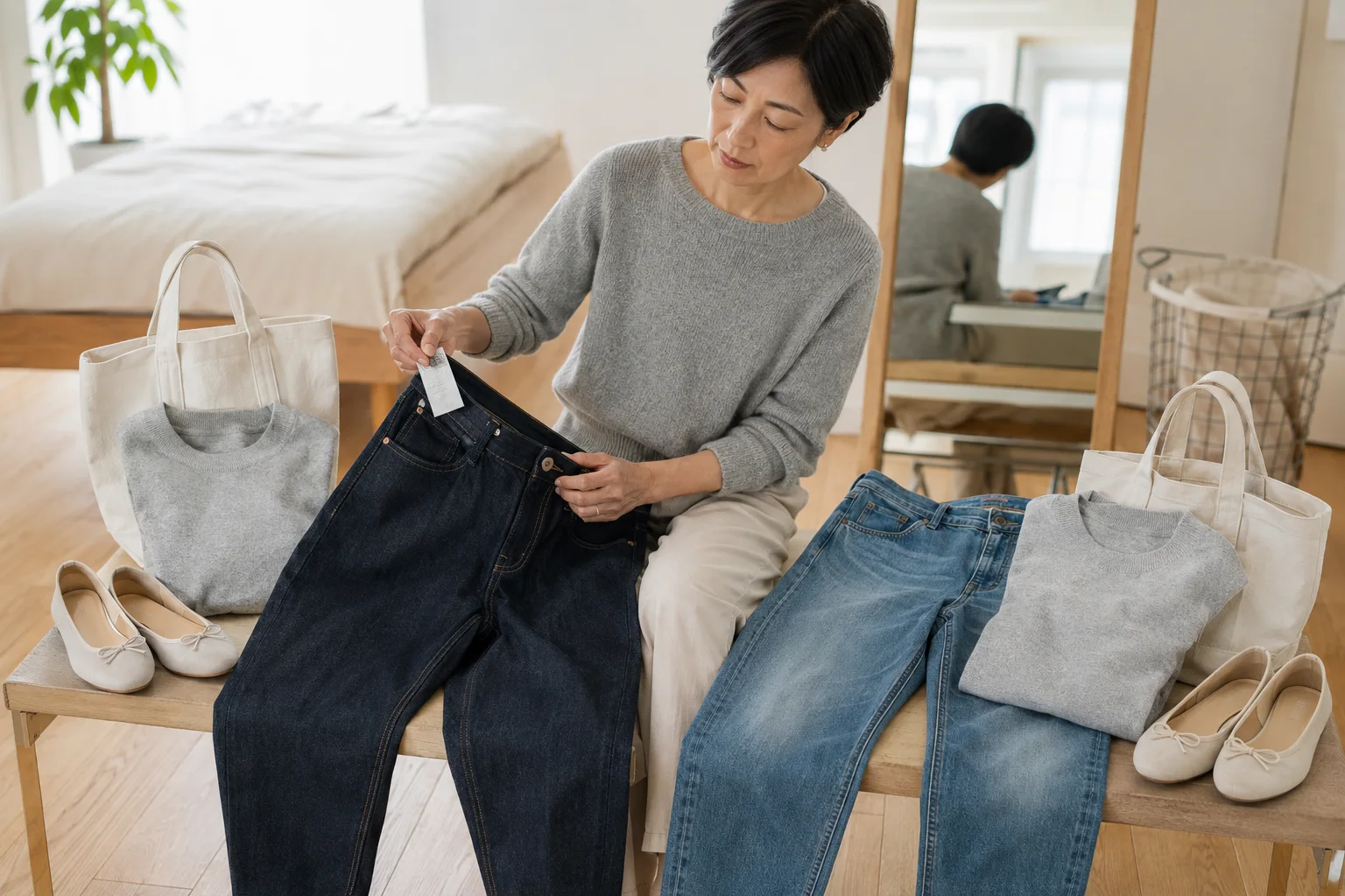 濃紺とブルーのジーンズに同じグレーのニット、白いバッグ、靴を並べ、タグを確認する女性。