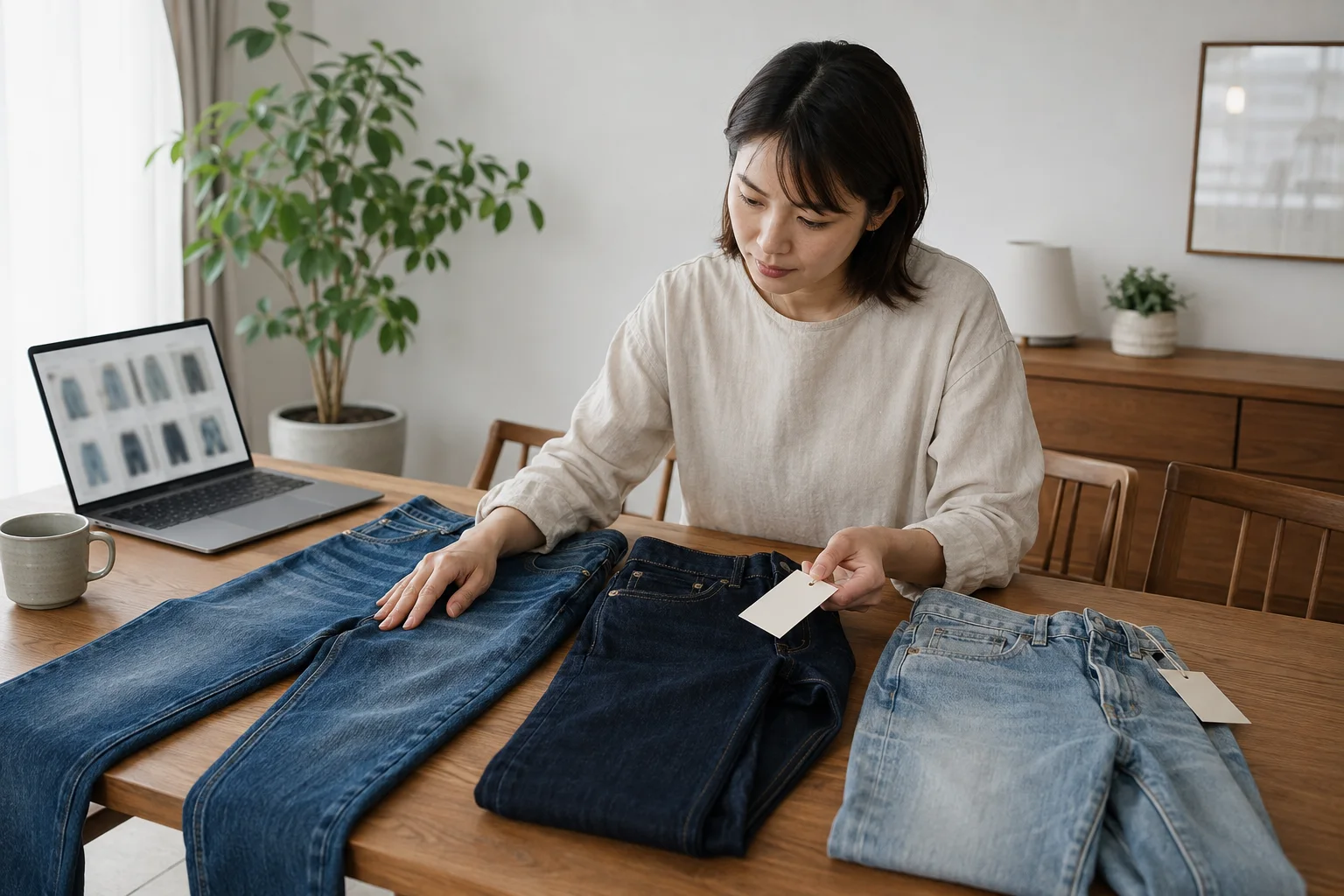 手持ちのブルージーンズと濃紺・淡色の候補を机に並べ、タグを確認する女性。