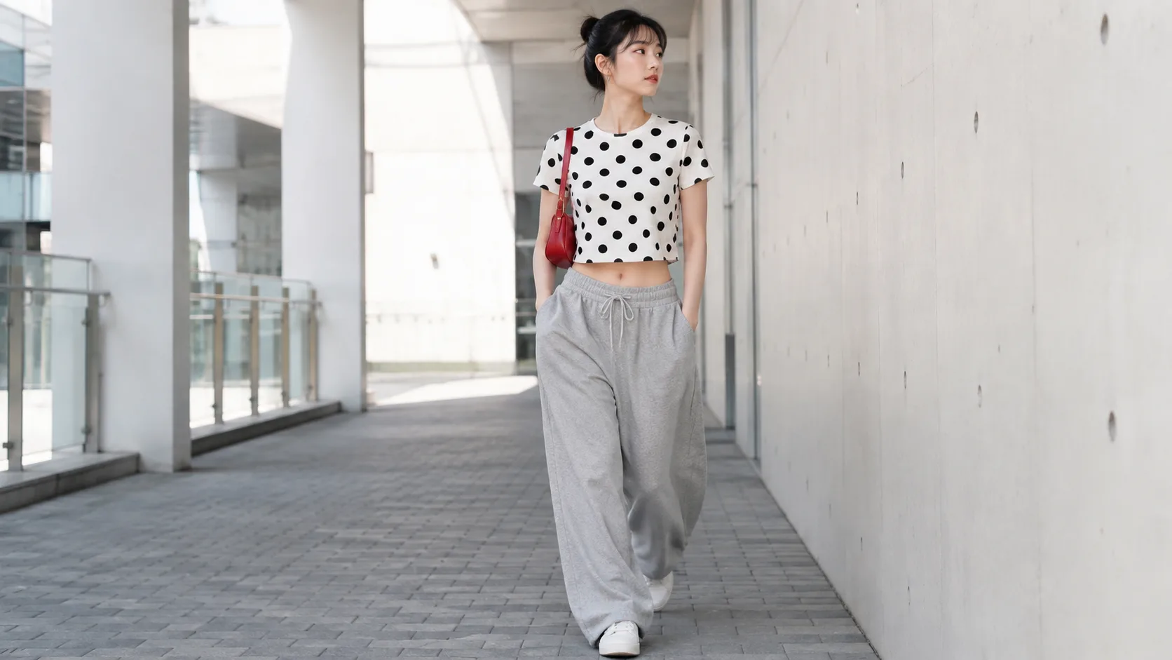 短丈の水玉Tシャツとグレーのワイドスウェットパンツを合わせた、軽快な街着。