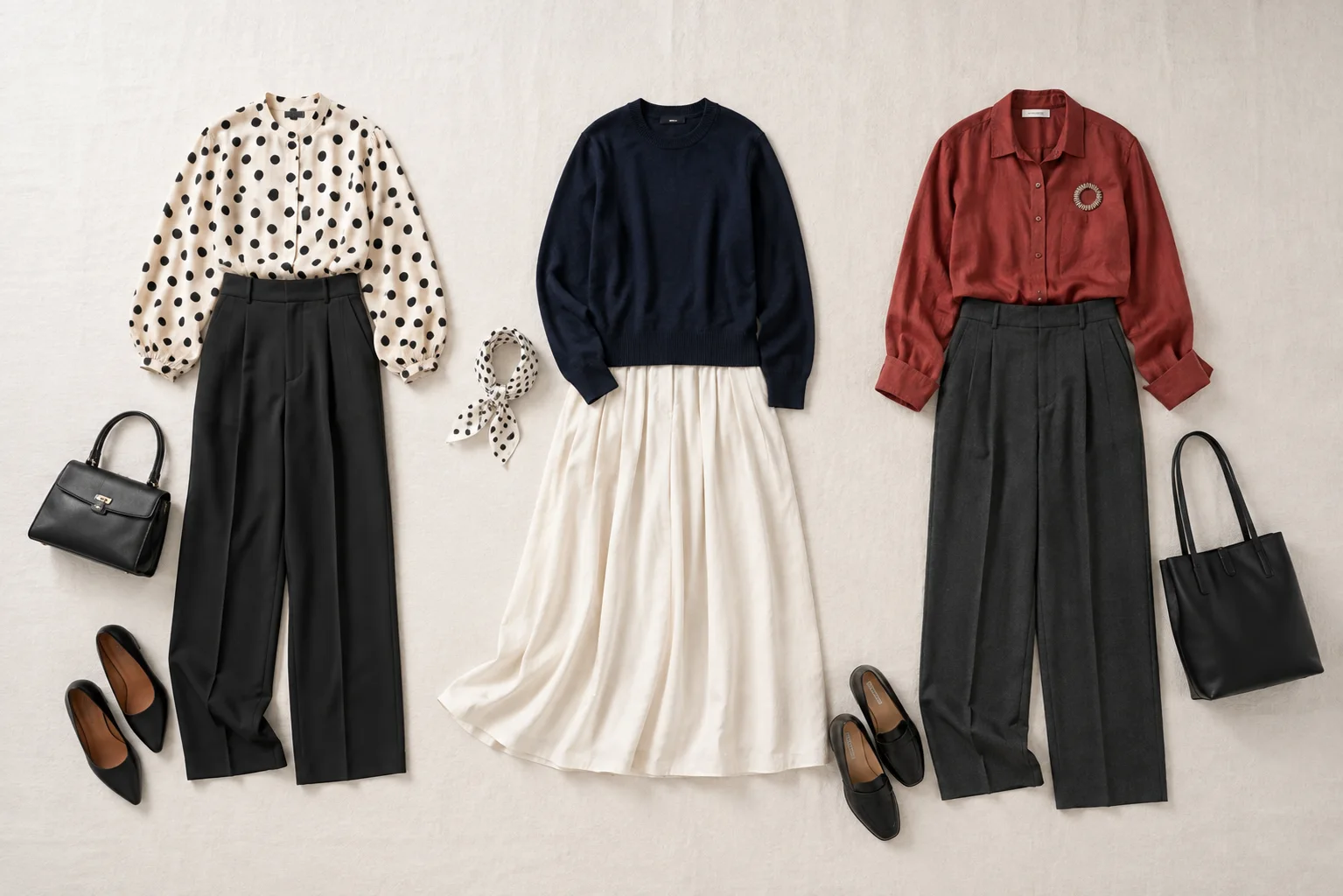 水玉を主役の服、小さなスカーフ、丸いブローチとして取り入れた3種類の平置きコーディネート。