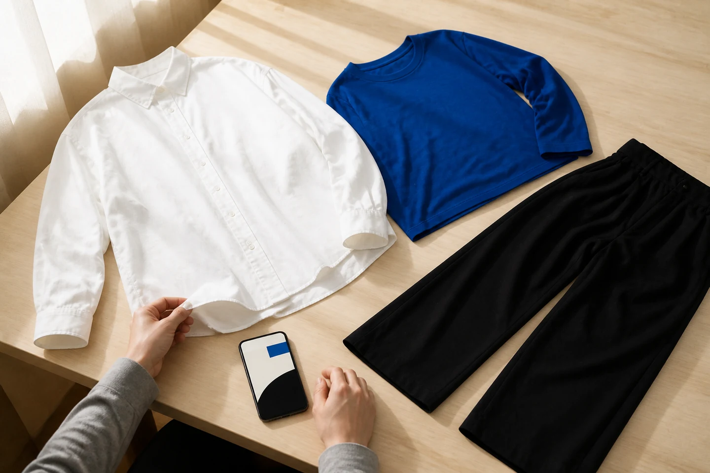 白いシャツ、黒いワイドパンツ、青い長袖Tシャツを机に広げ、自分の端末で色の関係を見ている