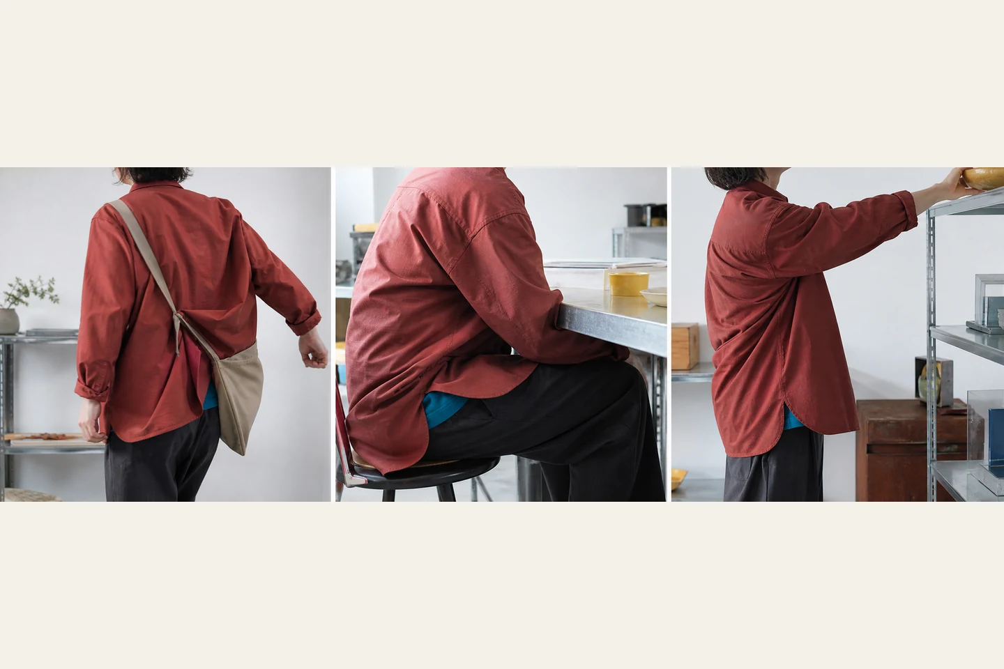 同じ錆色の上着で歩く、座る、腕を上げる三つの動作を行い、服に起きる変化を見る