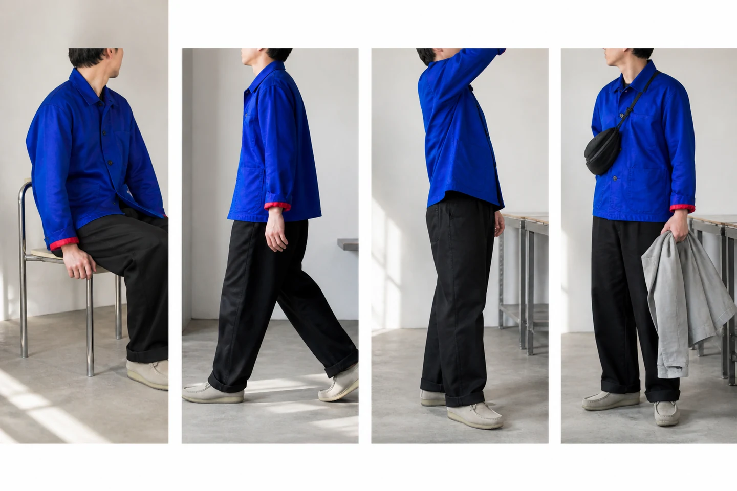 同じ青いジャケットで座る、歩く、腕を上げる、自分のバッグと上着を重ねる四つの動作