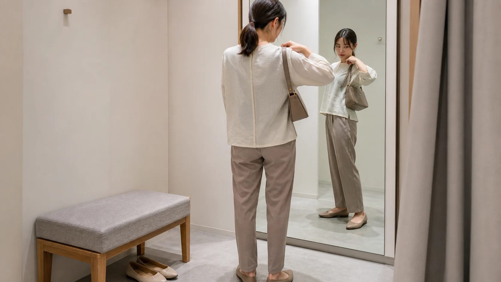 成人女性が試着室で、無地ブラウスを着たまま肩へバッグを掛け、横と後ろの縫い目を鏡で確認している。