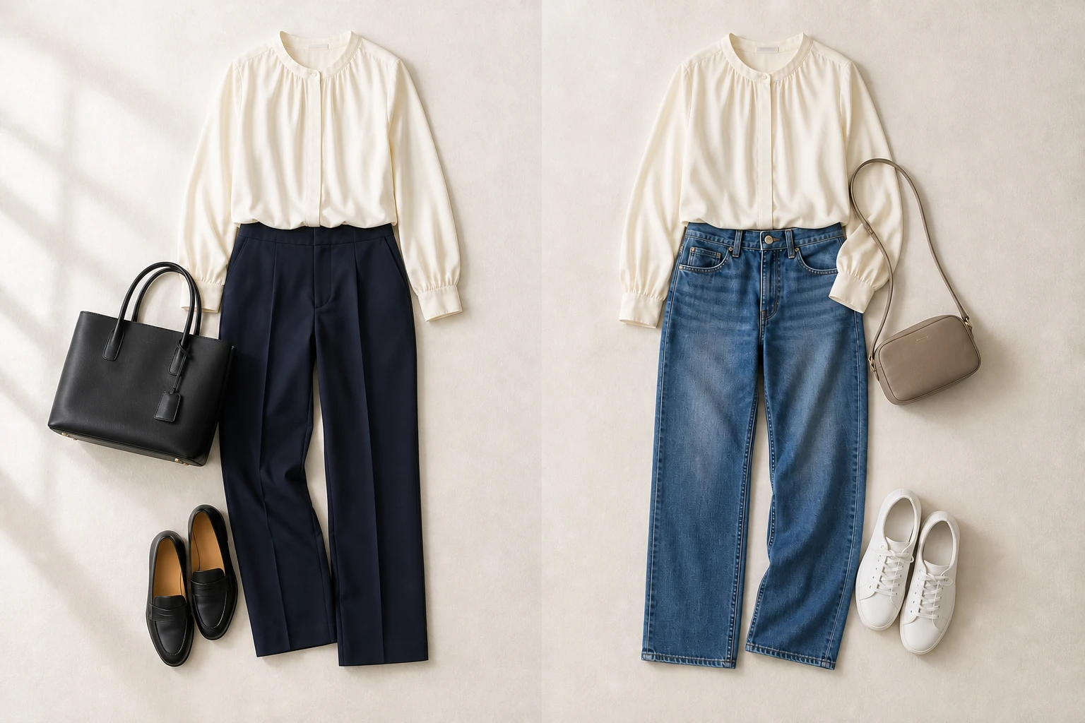 同じアイボリーのブラウスを、ネイビーのパンツとローファーの通勤服、デニムと白スニーカーの休日服へつないだ比較。