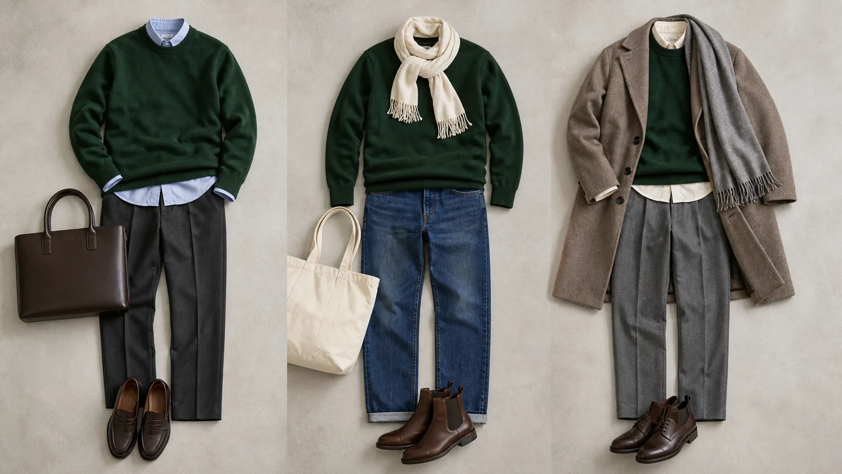 The same deep forest-green knit restyled for a workday, a casual weekend, and temperature-change layering.