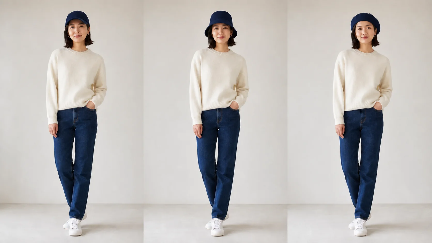 同じ白いニットとデニムの全身コーデで、同じネイビー色のキャップ、バケットハット、ベレーだけを替えた3面比較。