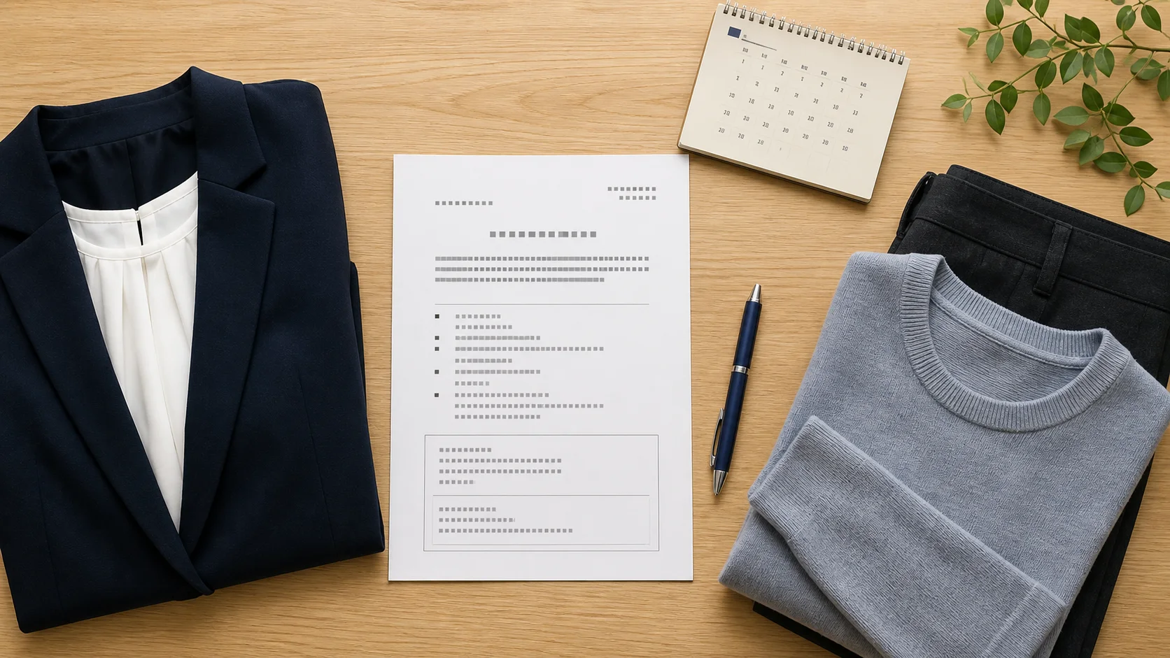 中央の面接案内を先に読み、左右にスーツときれいめな私服の二つの候補を置いている。