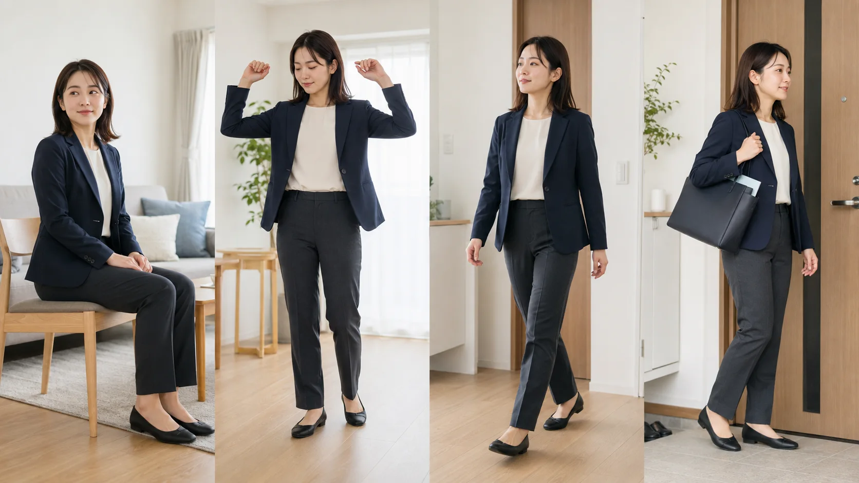 同じジャケットとパンツを着た女性が、座る、腕を動かす、歩く、A4資料入りバッグを持つ動作を順に確認している。