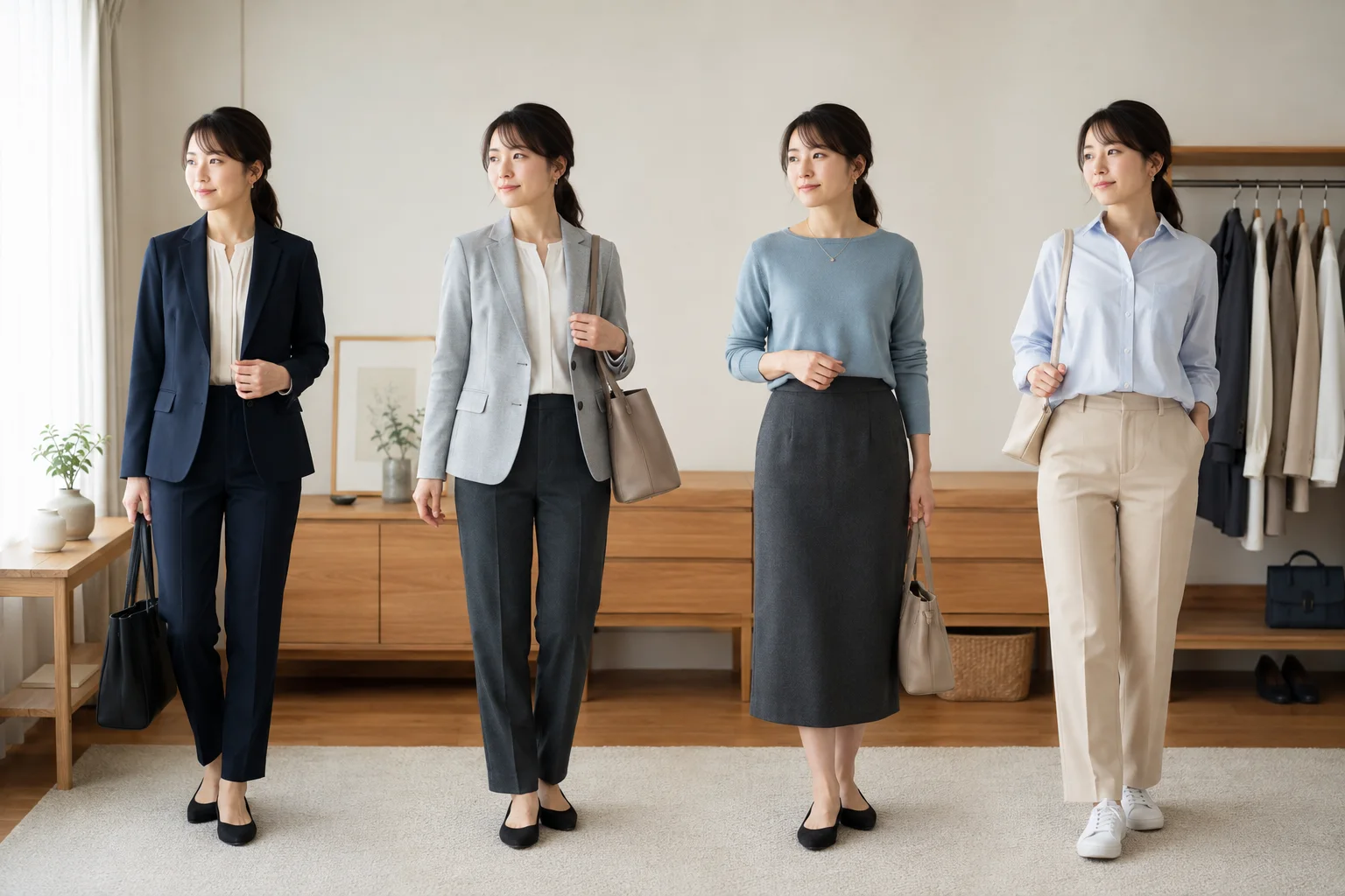 同じ成人女性が、スーツ、ジャケットとパンツ、ニットとスカート、シャツとパンツの4候補を同じ場所で比べている。