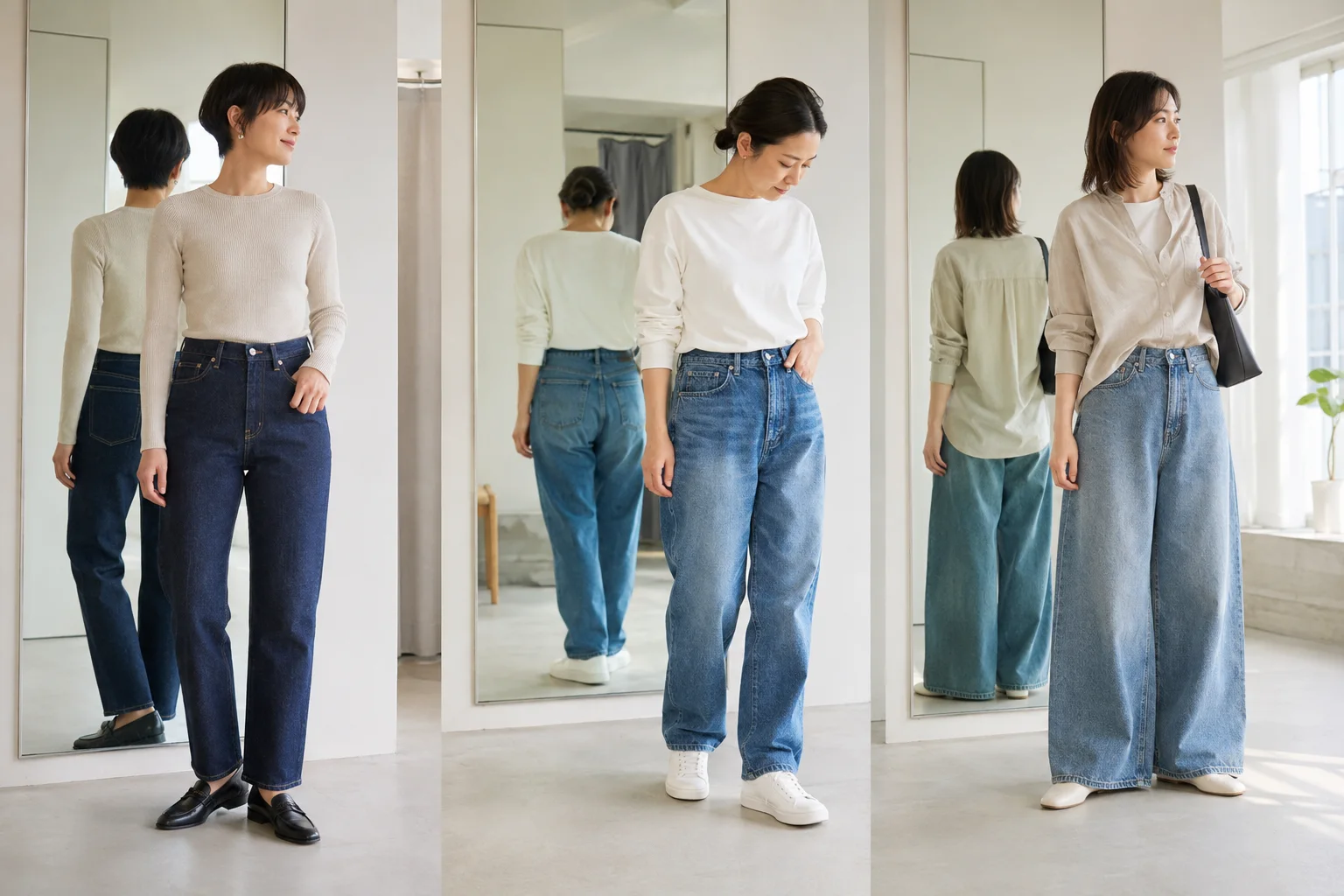 濃紺のストレート、ブルーのリラックス、淡色のワイドという異なるジーンズを、普段の靴とトップスで試着する成人女性3人のイメージ。