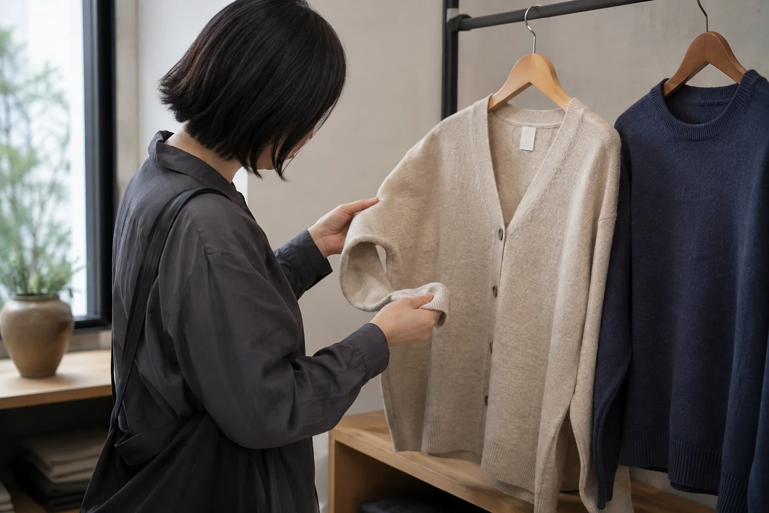 成人女性が衣料品店で、無地のカーディガンの袖口と脇を購入前に確認しているAI生成画像。