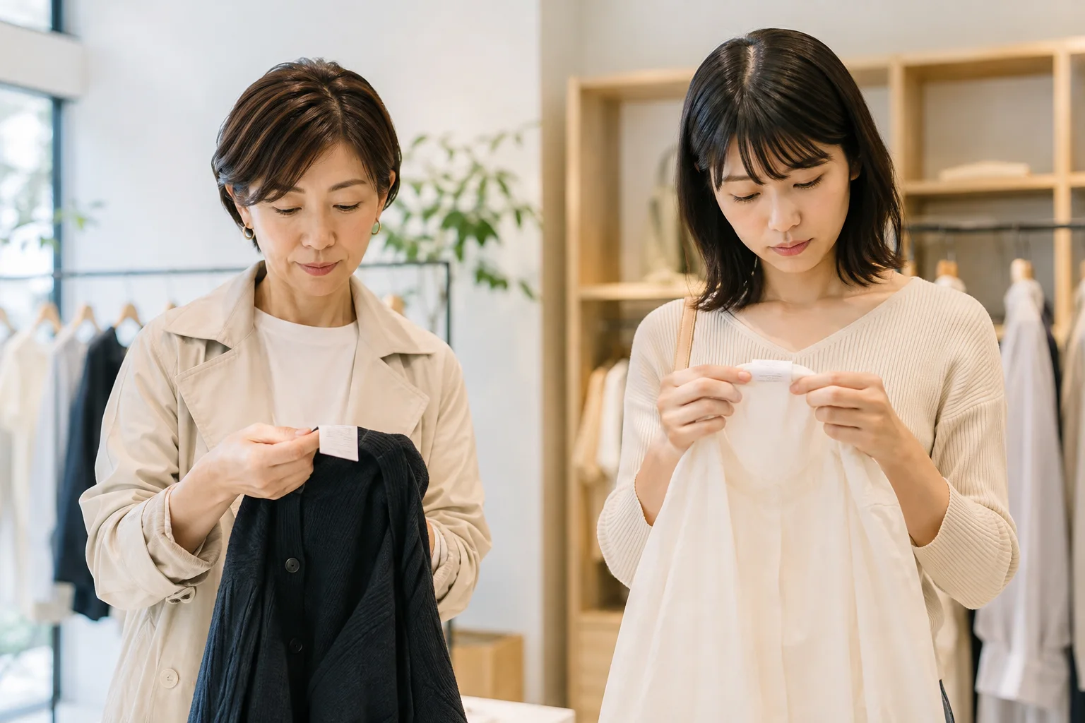 店頭で黒いニットと白いブラウスの洗濯表示を引き出し、購入前に確認する年代の異なる成人女性2人。