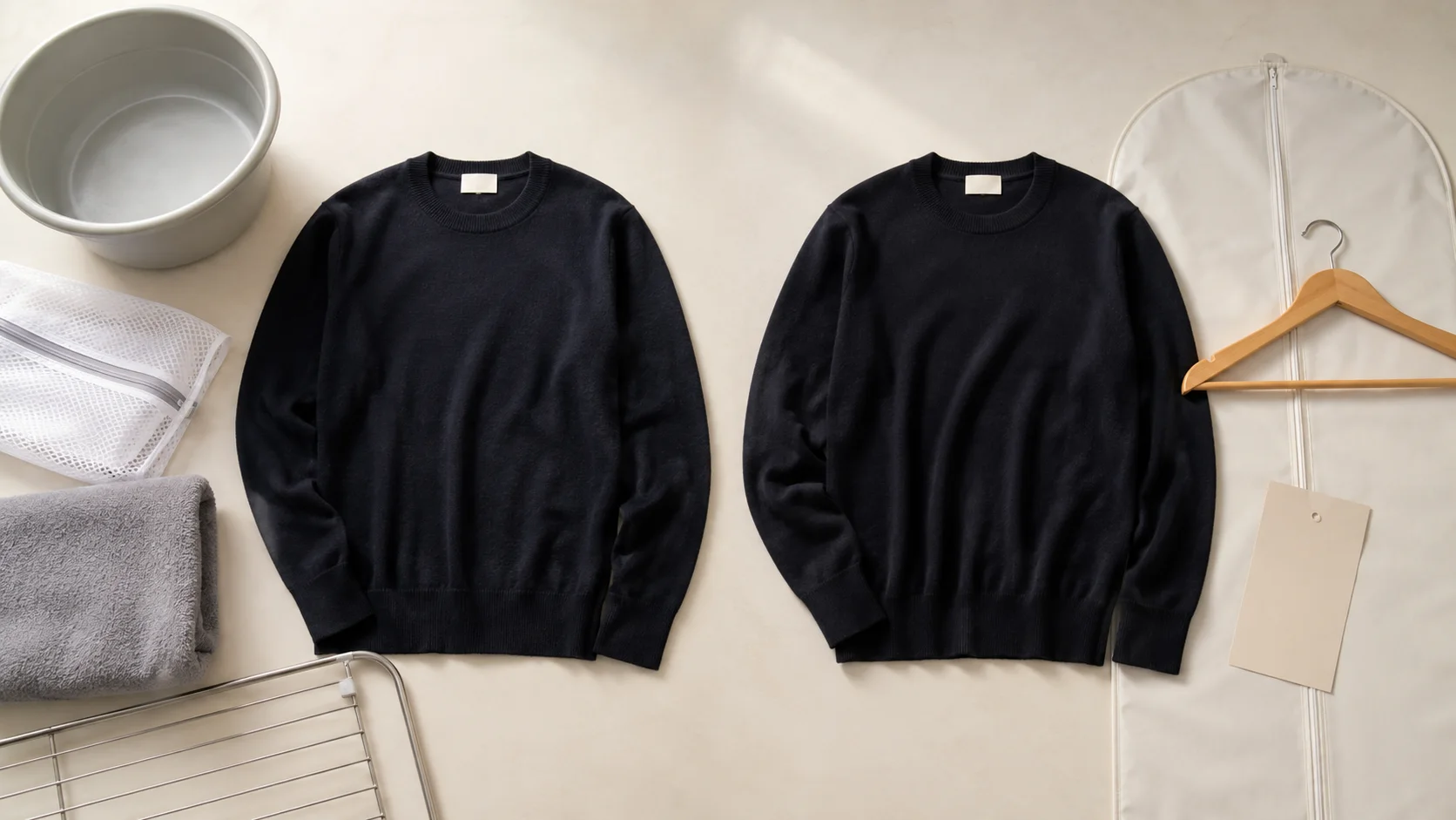 見た目がよく似た黒いニット2枚を、家庭での洗濯と平干しの道具、衣類カバーとハンガーの二方向へ分けた比較。