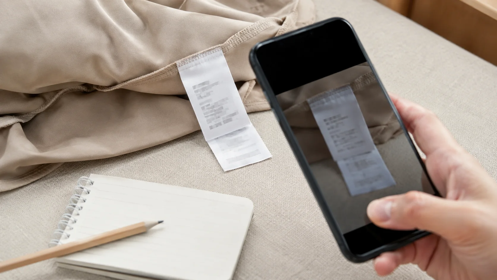 ベージュの服に縫い付けられた取扱いラベルを広げ、スマートフォンで撮影して記録する手元。