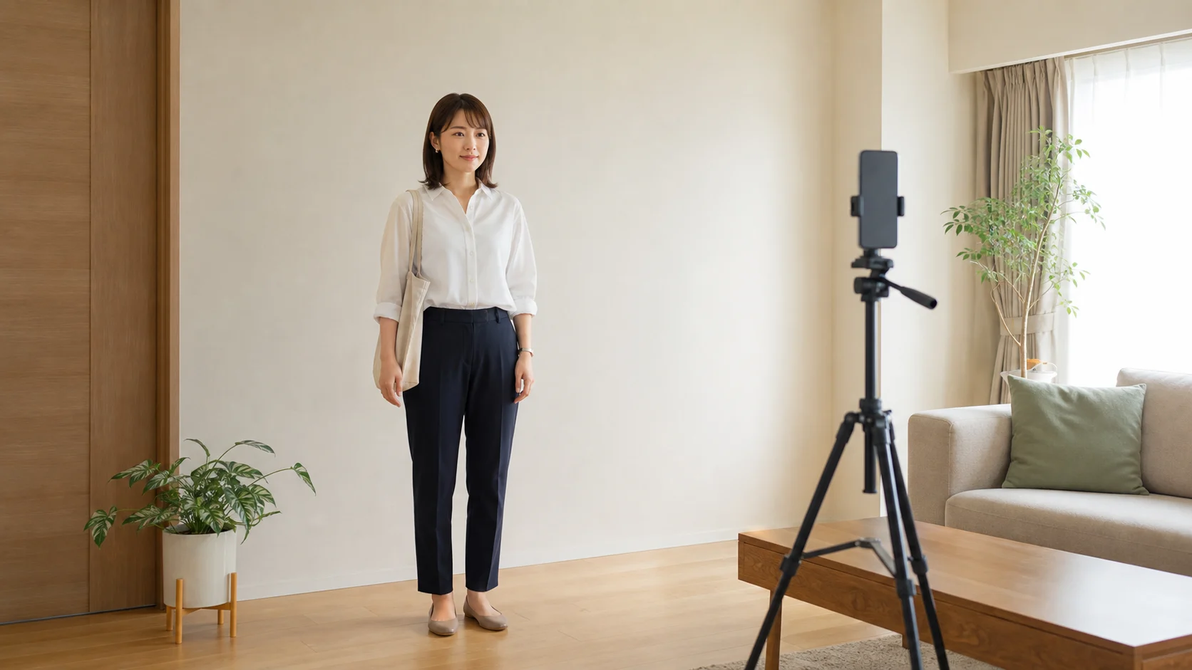 スマートフォンを三脚に固定し、白いシャツと濃紺のパンツを着た成人女性が全身コーデ写真を撮る準備をしている。