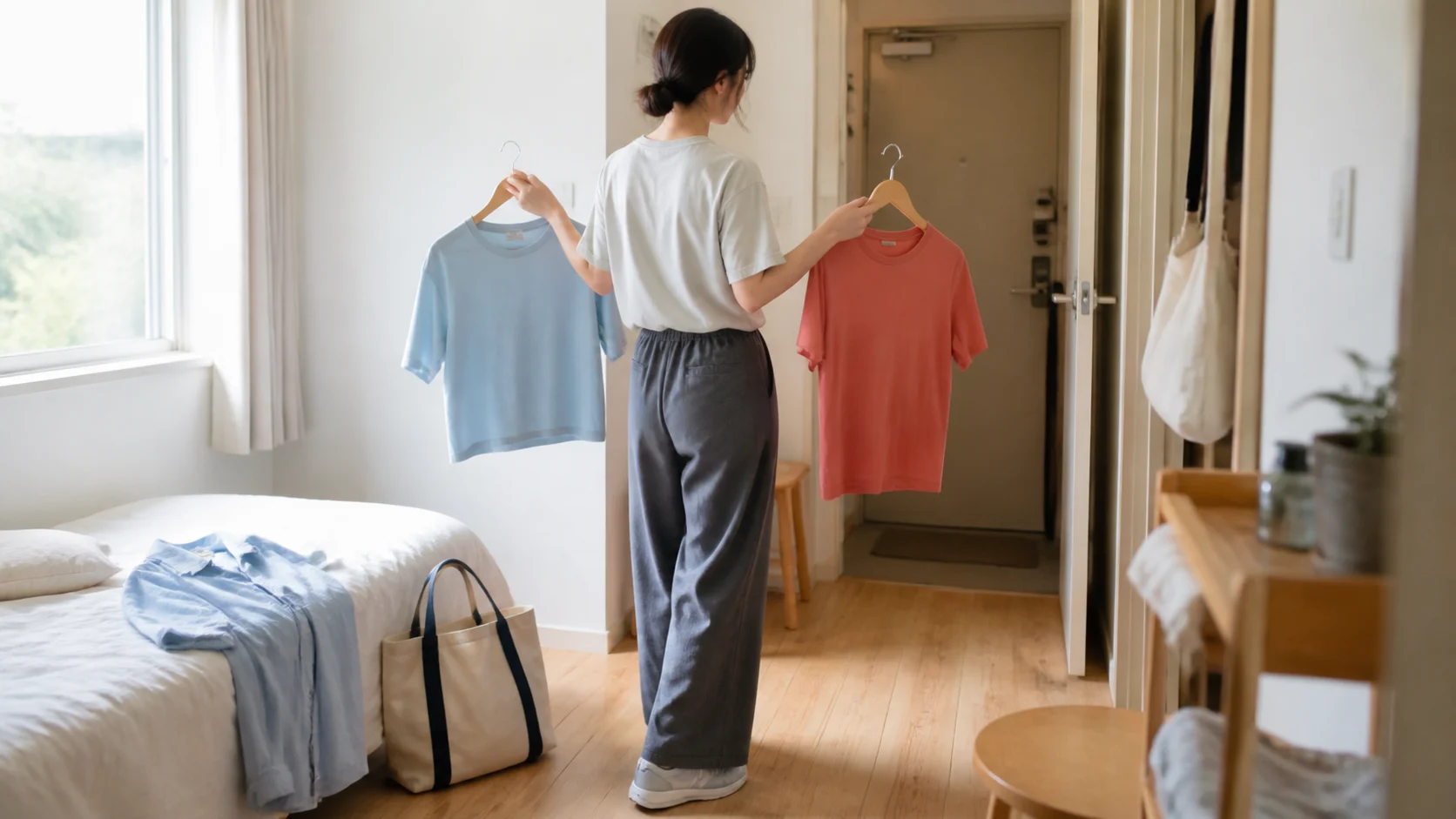 成人女性がグレーのパンツをはき、ブルーとコーラルのトップス二枚から朝の服を選んでいる。