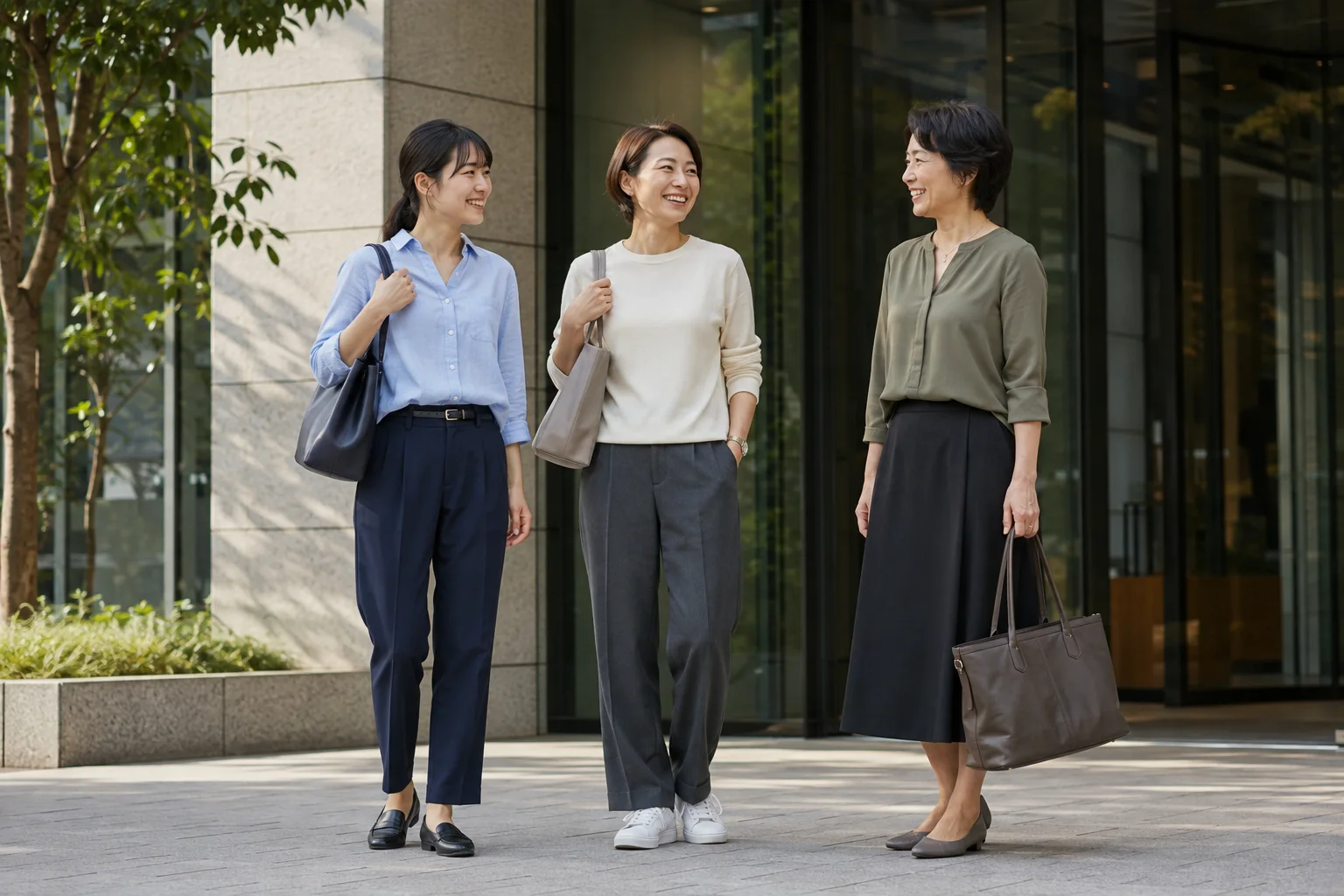 年代の異なる3人の成人女性が、それぞれの通勤向けオフィスカジュアルを着たAI編集イメージ。