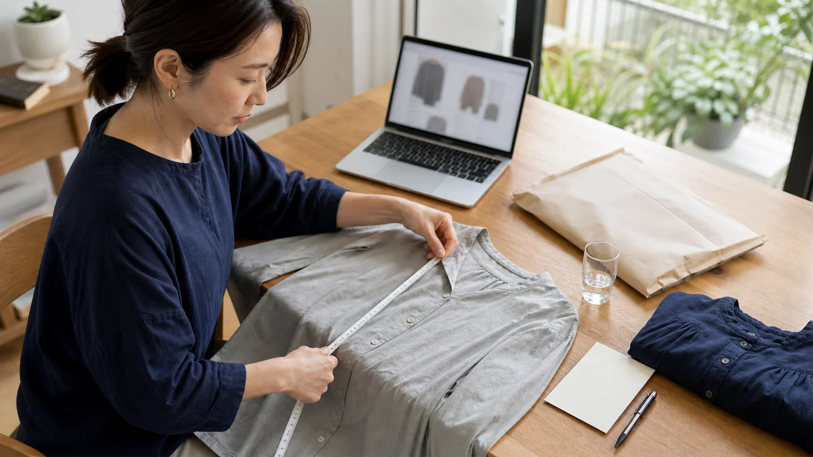 成人女性が、よく着ている無地シャツを平らに置き、商品画面の候補を見る前にメジャーで実寸を測っている。