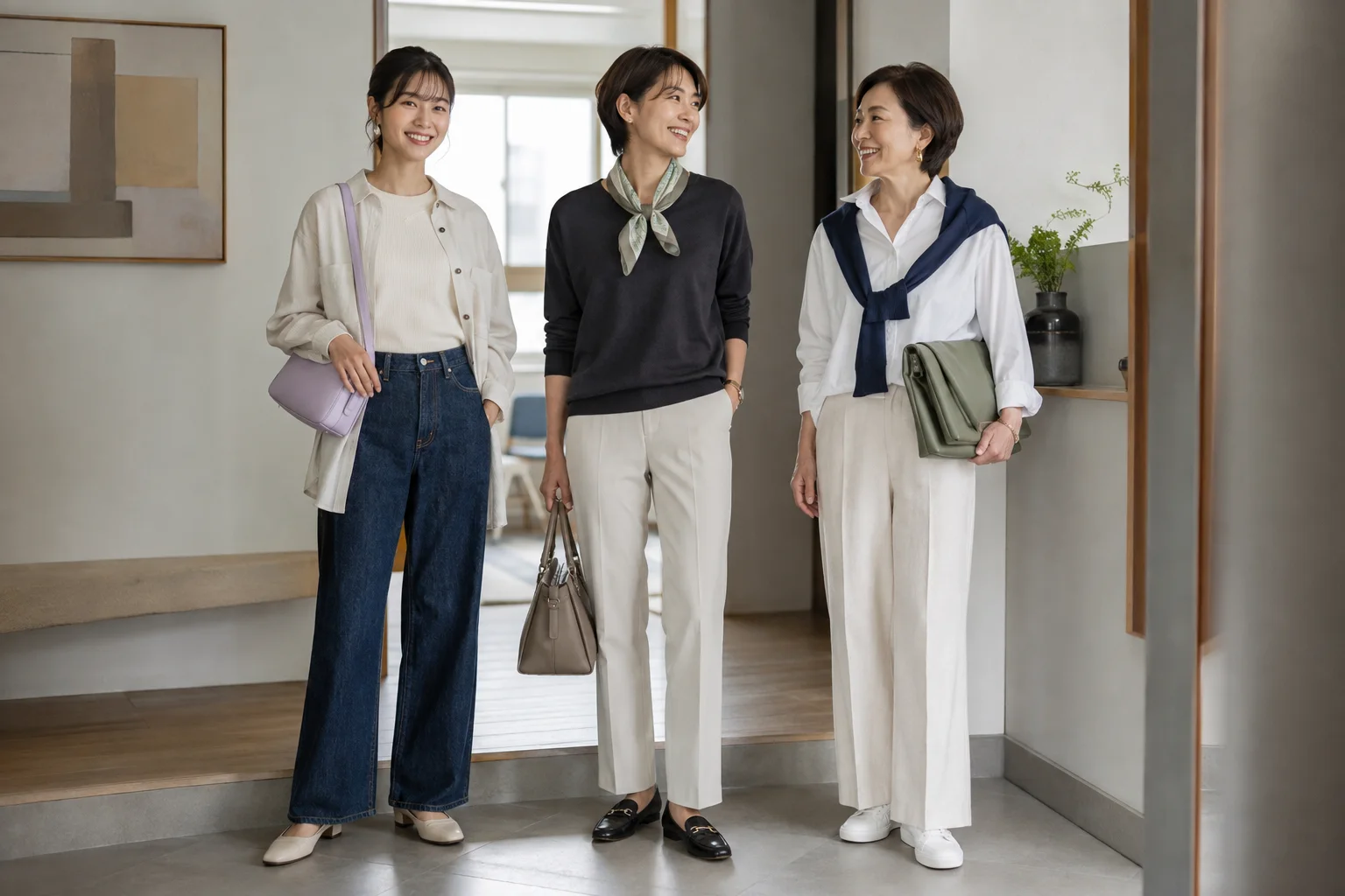 白、チャコール、ネイビー、ベージュを土台に、それぞれ異なる差し色を選んだ3人の成人女性。