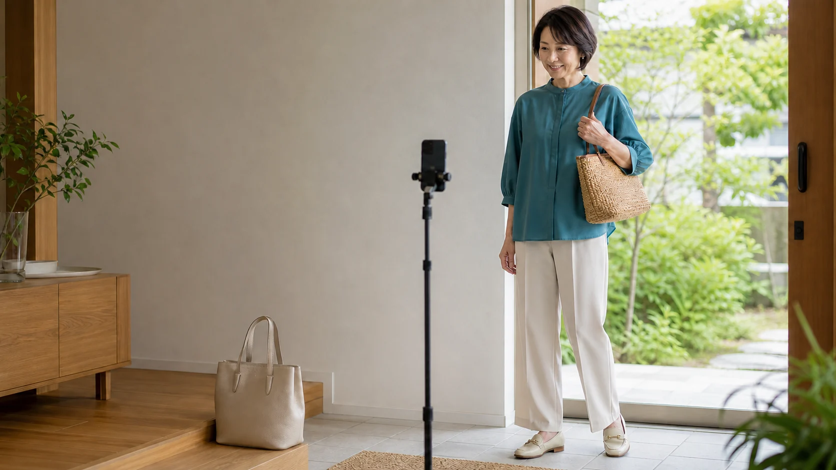 成人女性がスマートフォンを三脚へ置き、同じ服のまま二つのバッグから一つを持って全身写真を撮っている。