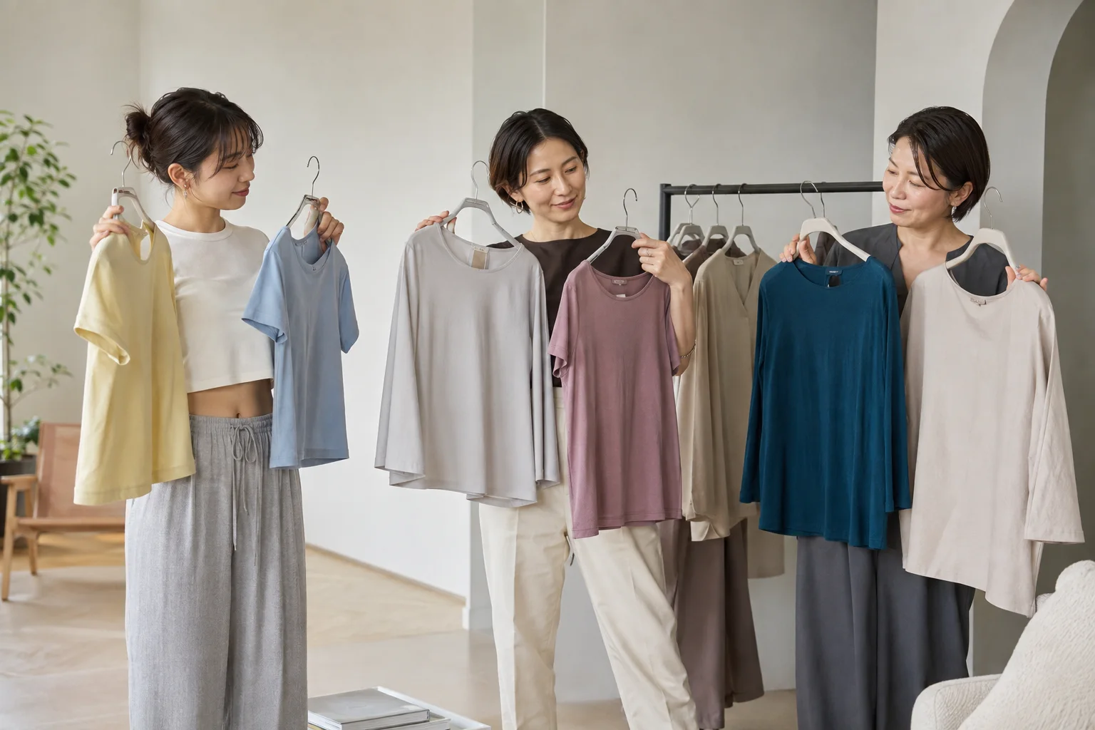 年代の異なる3人の成人女性が、顔まわりに2色のトップスを当てて比較している。