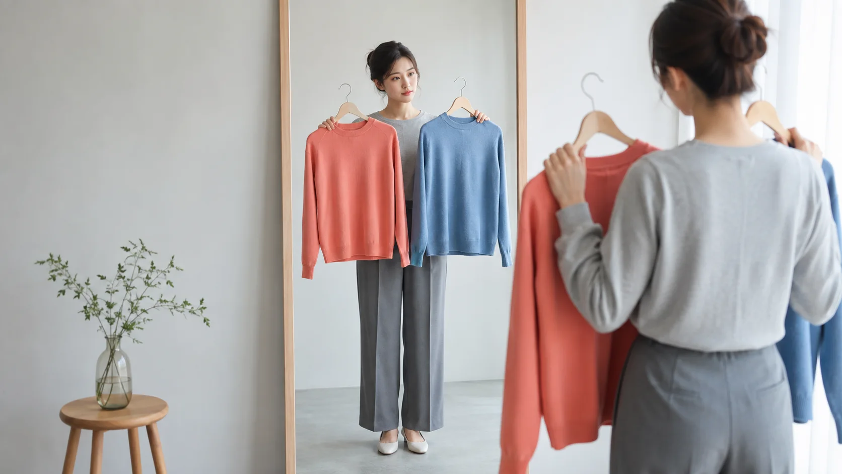 同じ形のコーラルと青のトップスを、同じ鏡と自然光の前で比較している。