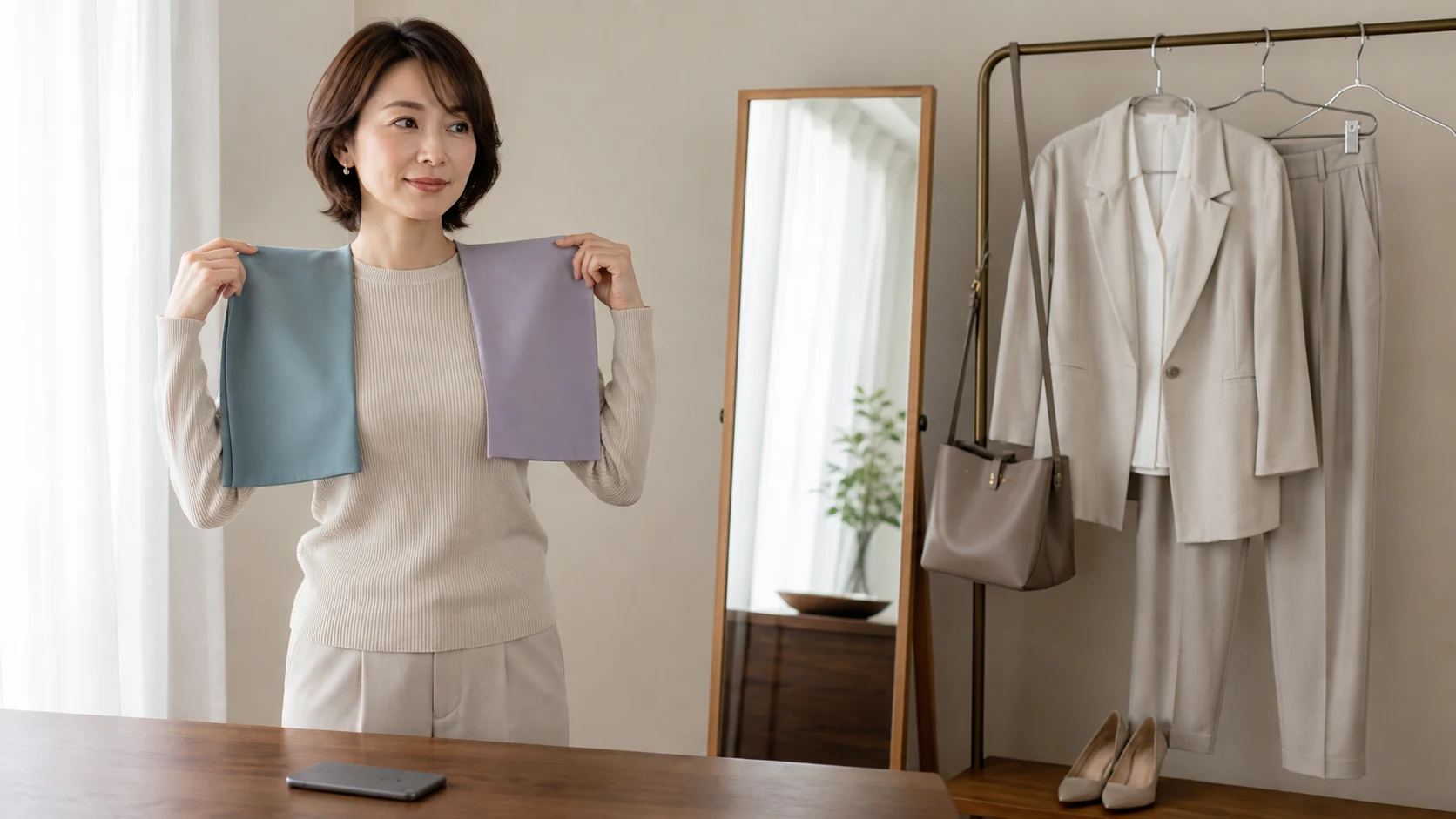 成人女性が顔まわりで二枚の無地の色布を比べ、隣では靴とバッグを含む全身コーデを別に確認している。
