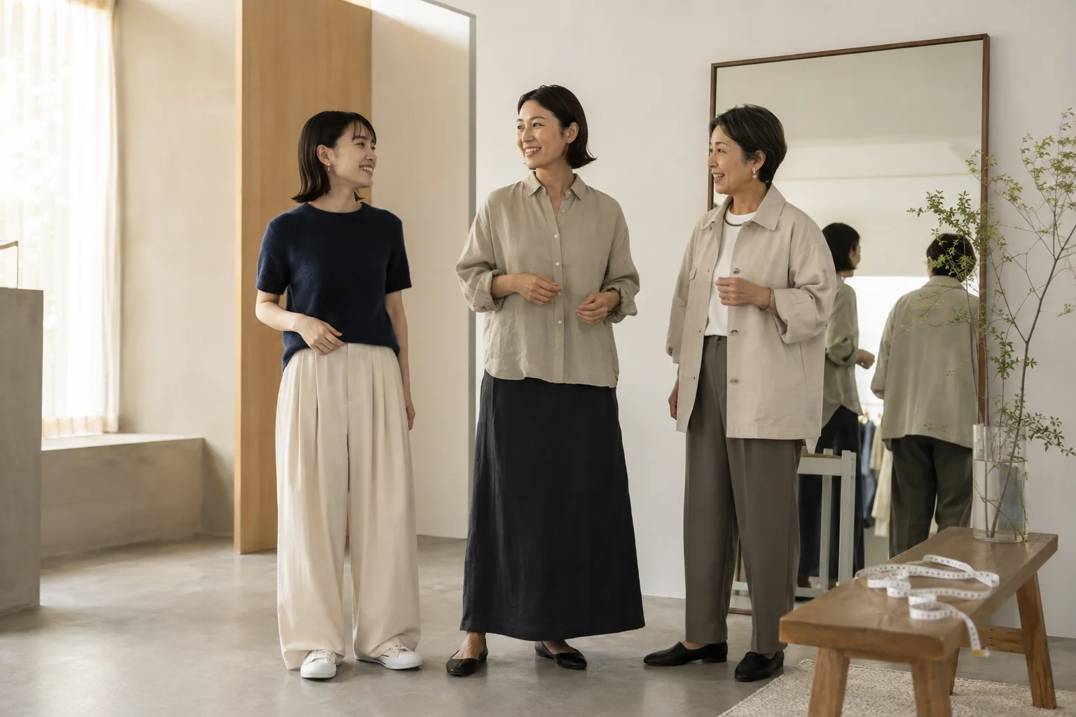 年代の異なる3人の成人女性が、ワイドパンツ、ロングスカート、ゆったりした羽織りを着て、服の丈と動きやすさを比べている。