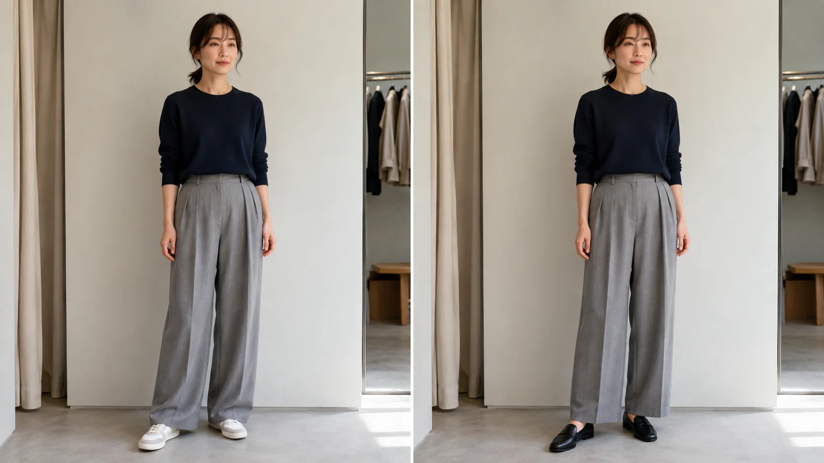 同じグレーのワイドパンツを、スニーカーに合わせた丈と、ローファーに合わせて少し上げた丈で比べている。