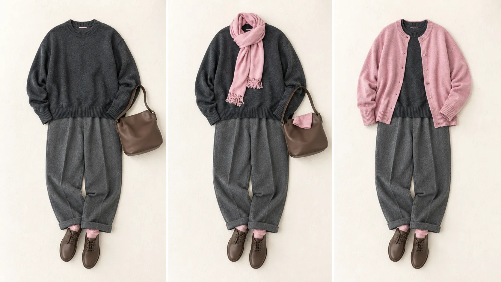 The same charcoal-gray outfit with pink increasing from a small accessory to a scarf and then a cardigan.