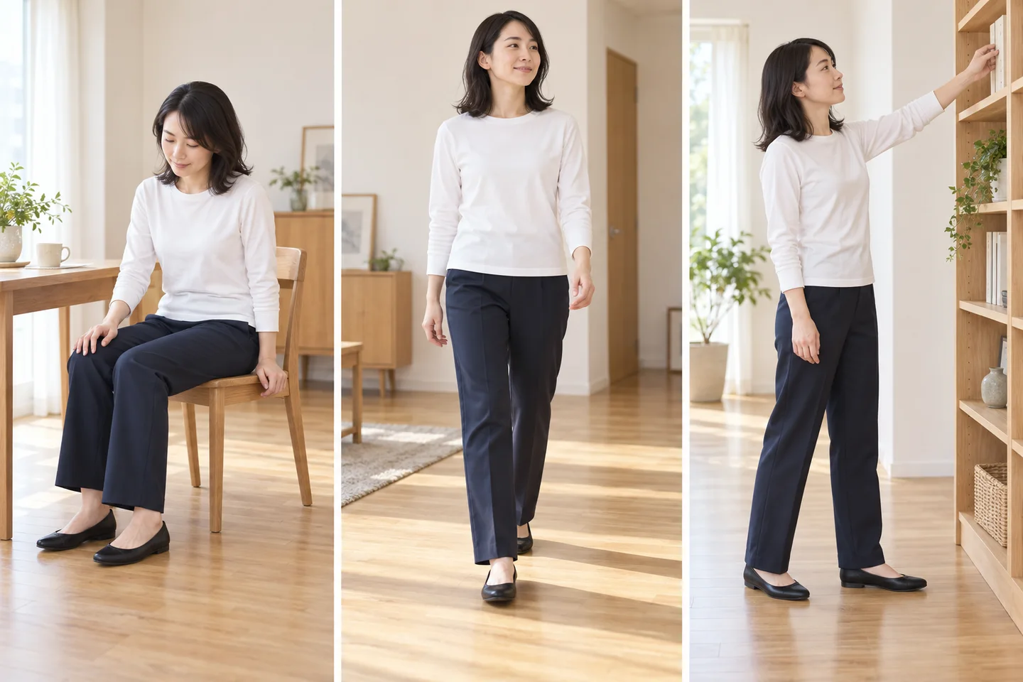 同じ白いトップスとネイビーのパンツで、椅子に座る、歩く、棚へ手を伸ばす動作を並べた3場面。