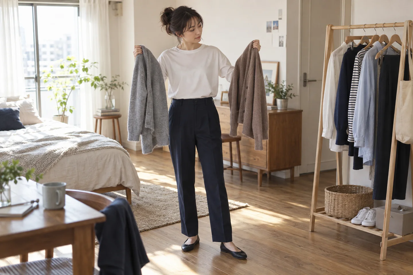 グレーとブラウンのカーディガンを手に持ち、白いトップスとネイビーのパンツに合わせる一枚を比べる成人女性。