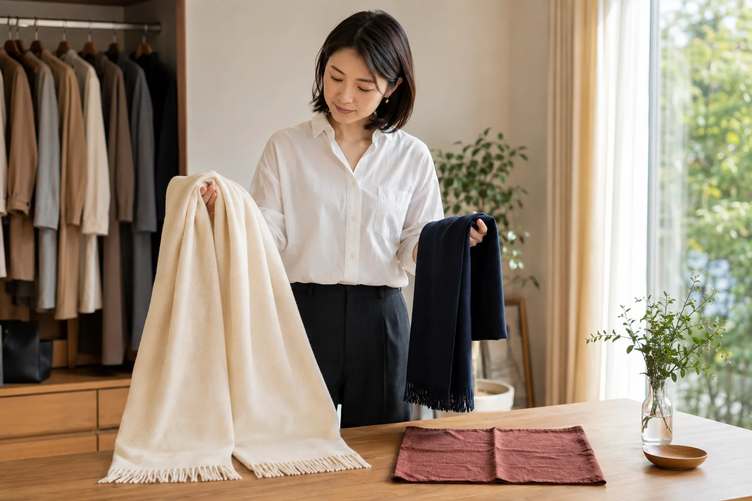 大判の生成り色、細長いネイビー、小さく畳んだ赤茶色の3枚を、手持ち服の前で比較する成人女性。