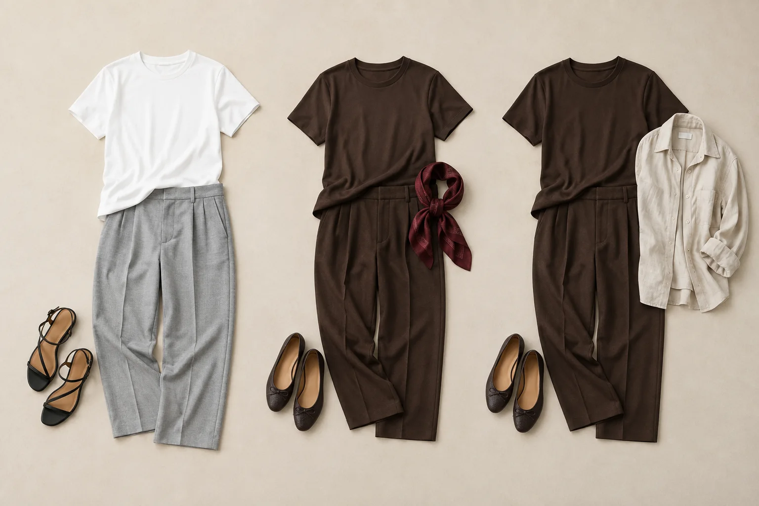 白い半袖の夏服、深いブラウンへ色を替えた服、同じ服へ薄手シャツを足した服を左から順に並べたAI生成画像。