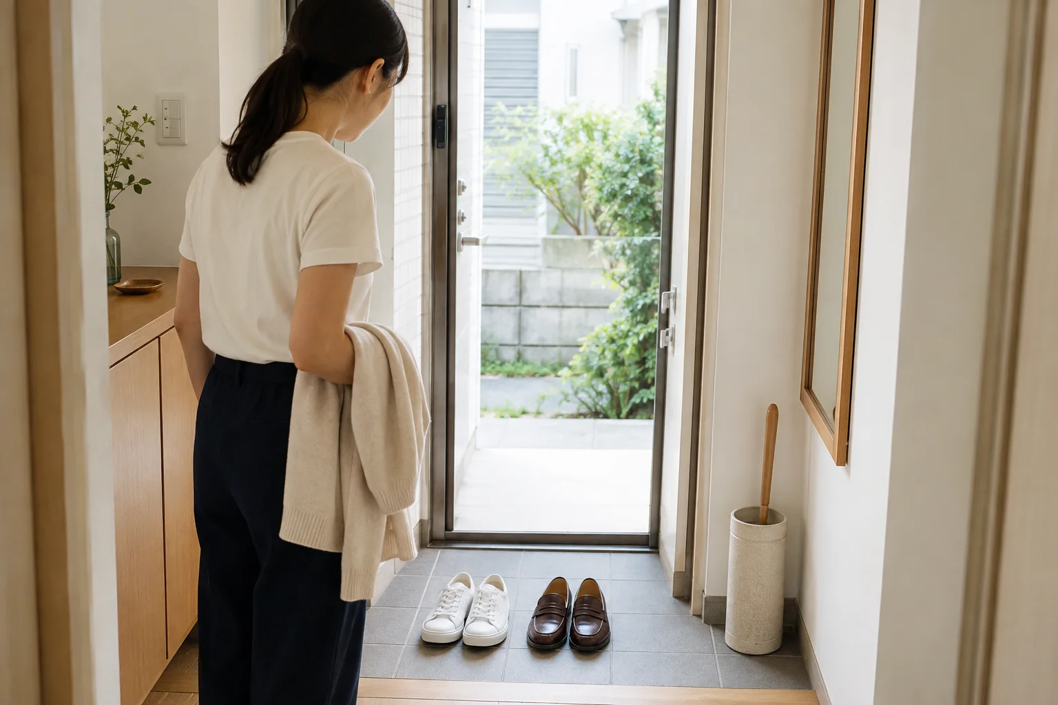 玄関で同じ服に合わせる白いスニーカーと茶色のローファーを見比べる成人女性のAI生成画像。