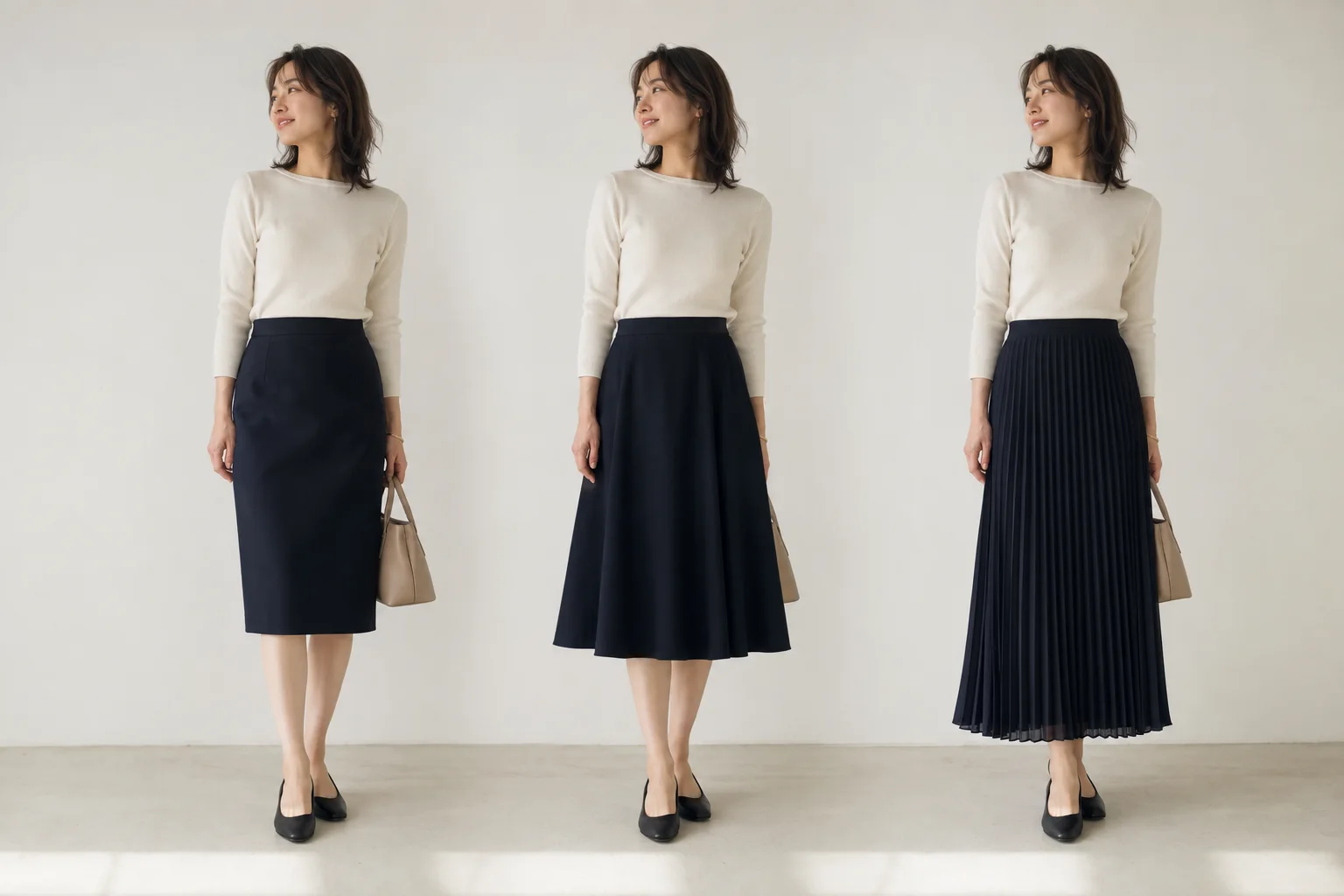 同じ成人女性が、同じ明るいトップスと黒い靴のまま、直線的な形、ミディ丈のフレア、長いプリーツという三つのスカートを比べている。