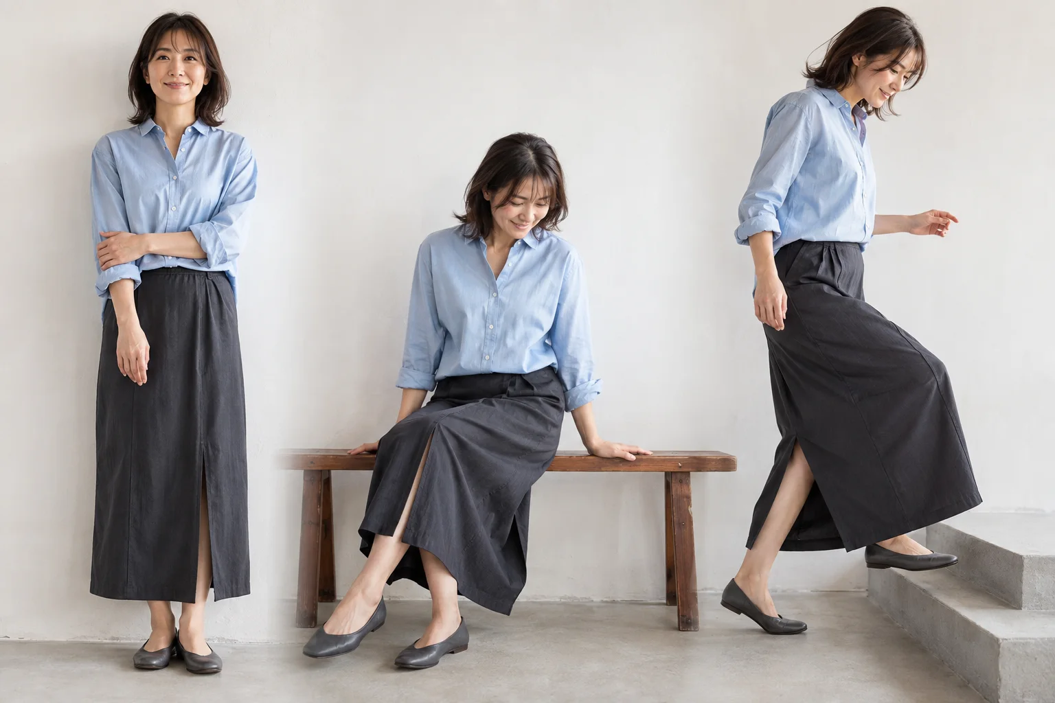 同じ成人女性が同じシャツ、長いスカート、低い靴で、立つ、ベンチへ座る、低い段差を上がる三つの動作を確認している。