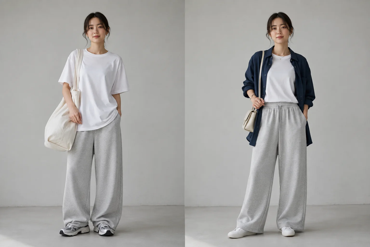 白Tシャツとグレーのパンツを軸に、大きなトートと厚底スニーカーの組み合わせ、小型バッグと白い靴に紺シャツを重ねた組み合わせを並べた着こなし例。