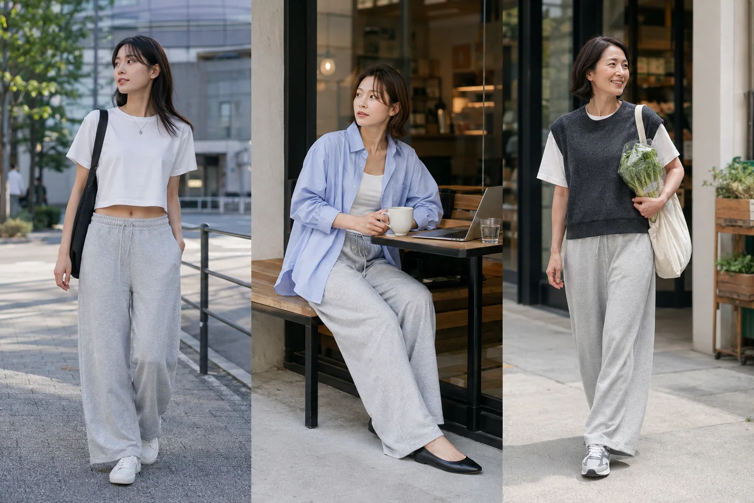 グレーのワイドスウェットに、短丈の白Tシャツ、開いたブルーシャツ、ベストをそれぞれ合わせた3人の成人女性。
